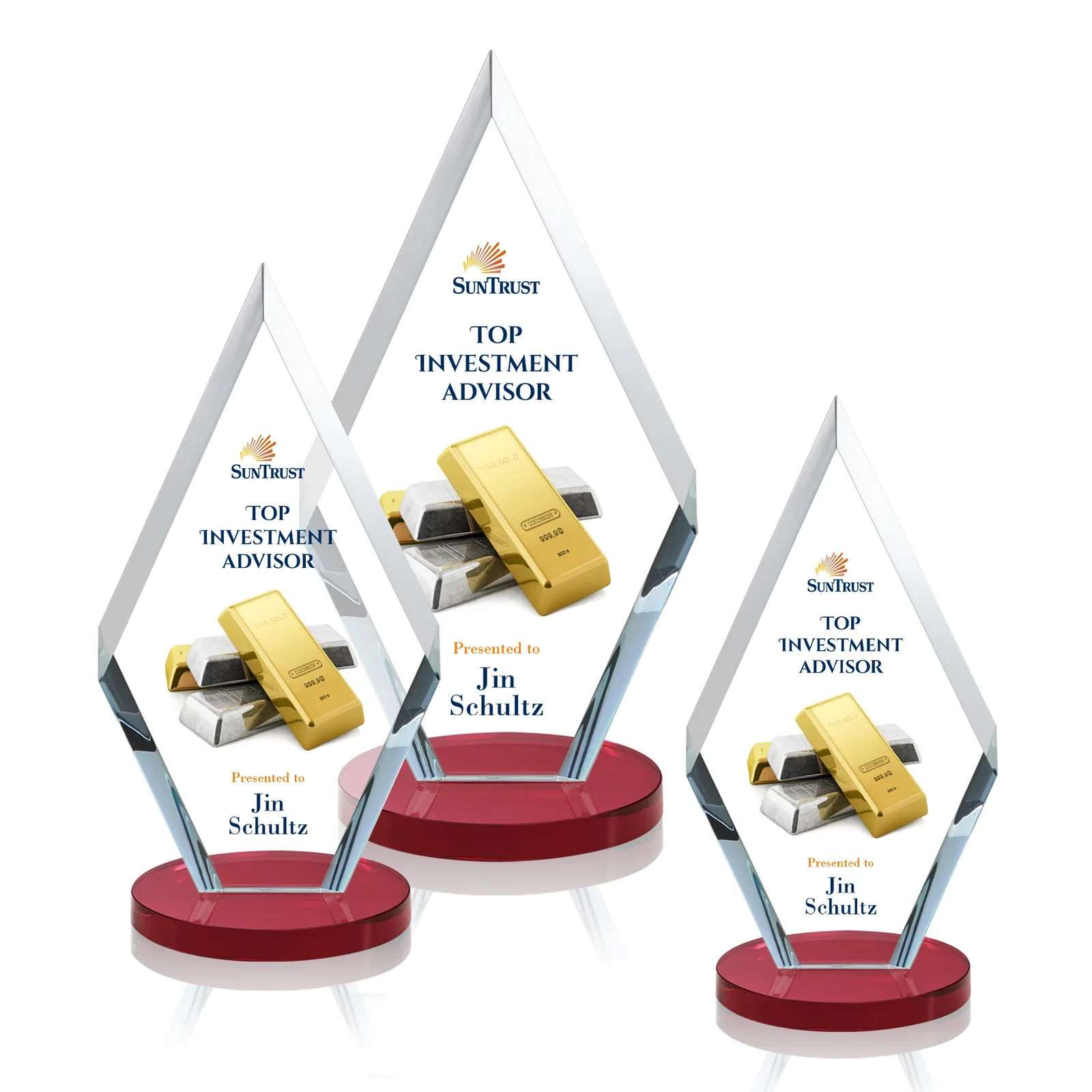 Custom printed Starfire Crystal Diamond Award, Also in Rosewood Crystal for retirement presentations