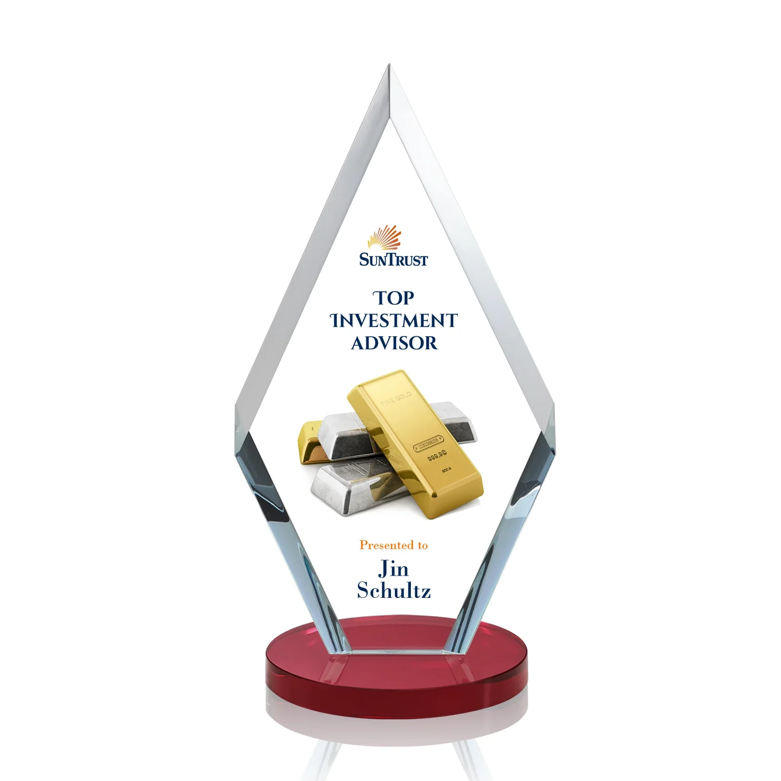 Custom printed Starfire Crystal Diamond Award, Also in Rosewood Crystal for team milestone celebrations