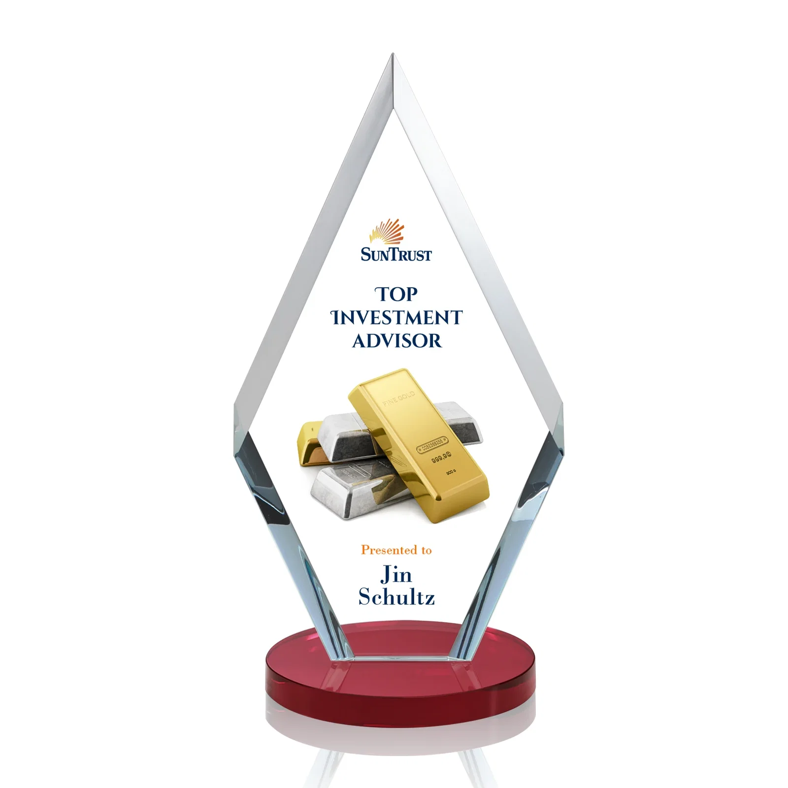 Custom printed Starfire Crystal Diamond Award, Also in Rosewood Crystal for donor appreciation