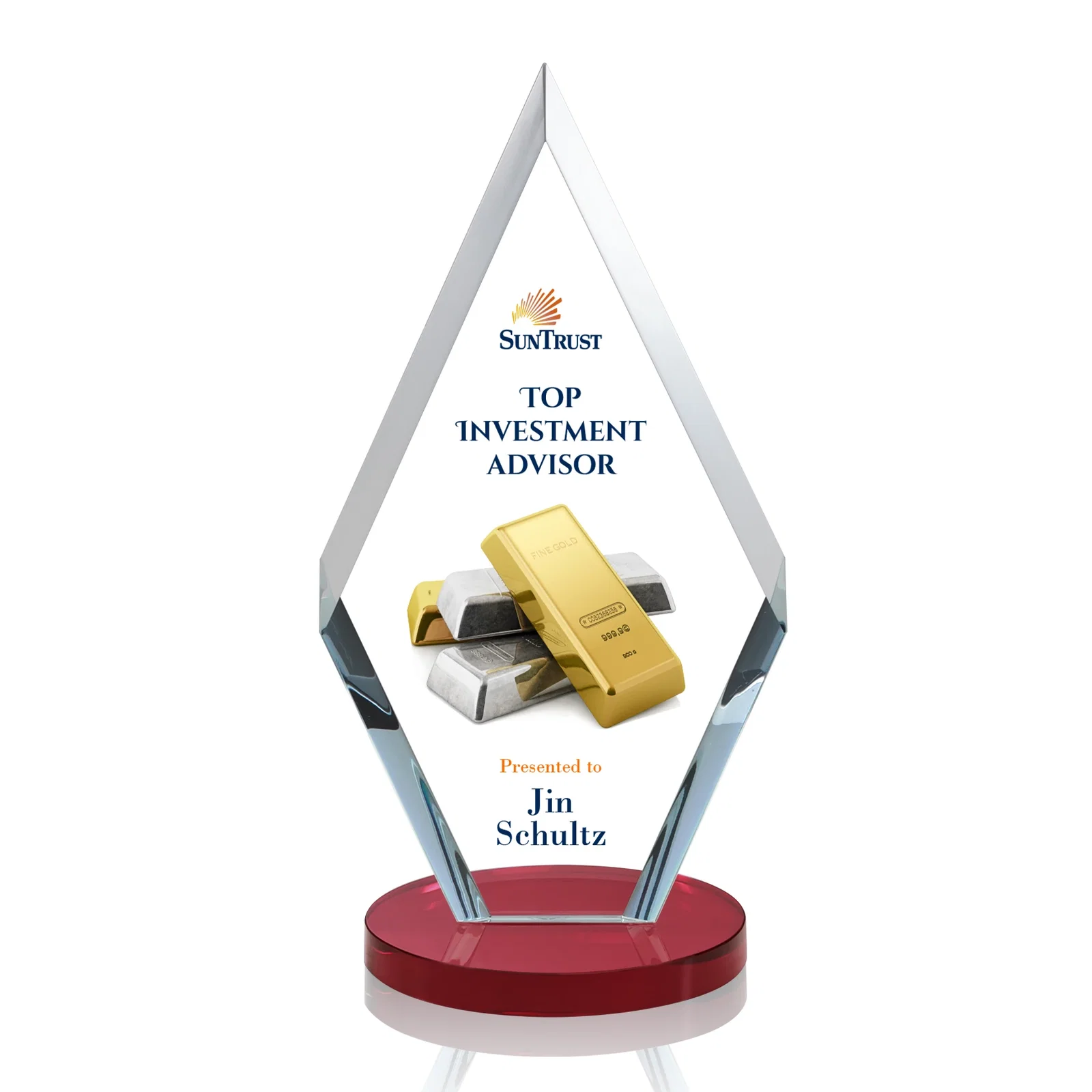 Custom printed Starfire Crystal Diamond Award, Also in Rosewood Crystal for graduation ceremonies