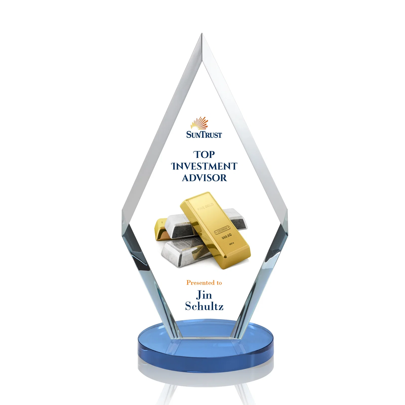 Custom printed Starfire Crystal Diamond Award, Also in Rosewood Crystal for volunteer appreciation