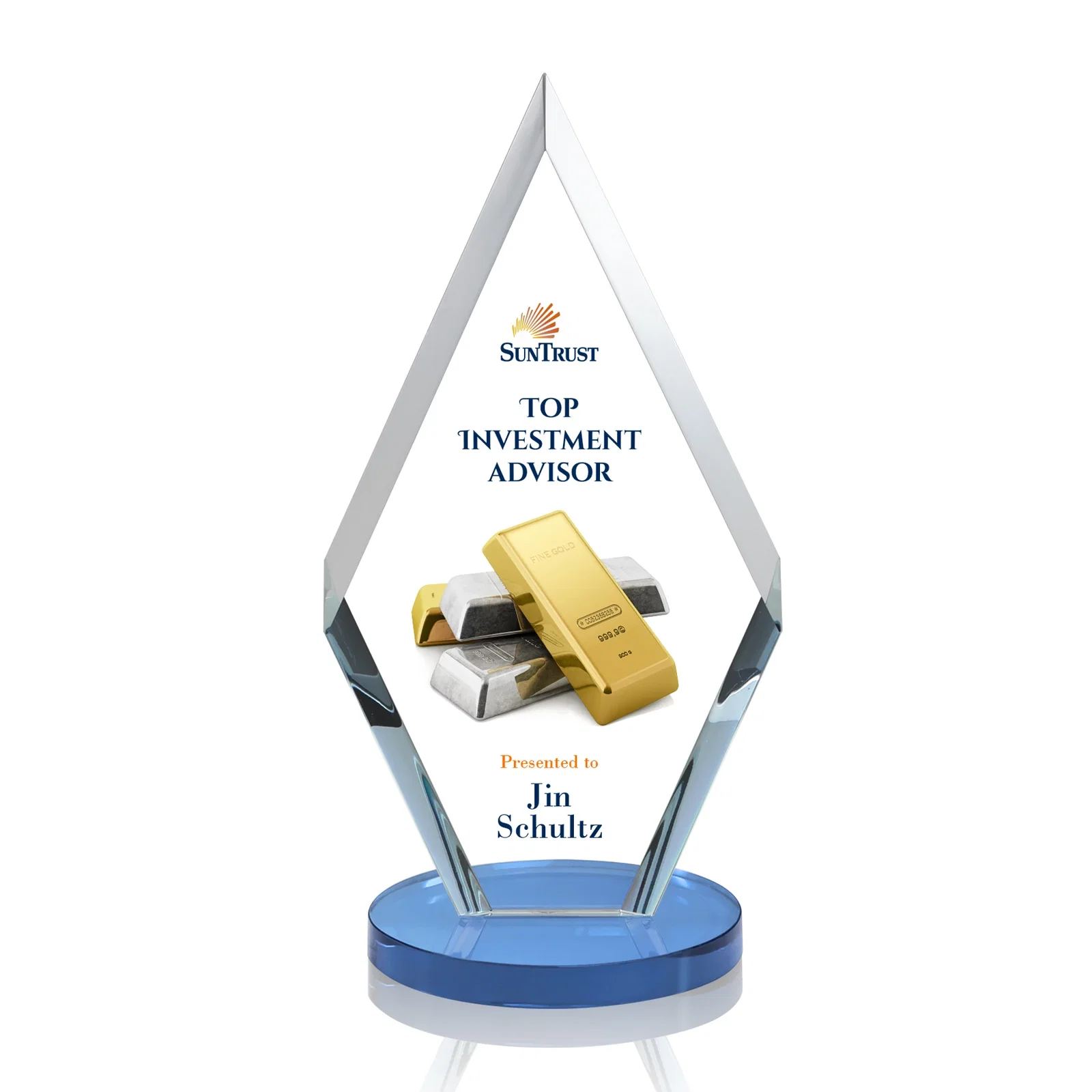 Custom printed Starfire Crystal Diamond Award, Also in Rosewood Crystal for dealer and partner awards