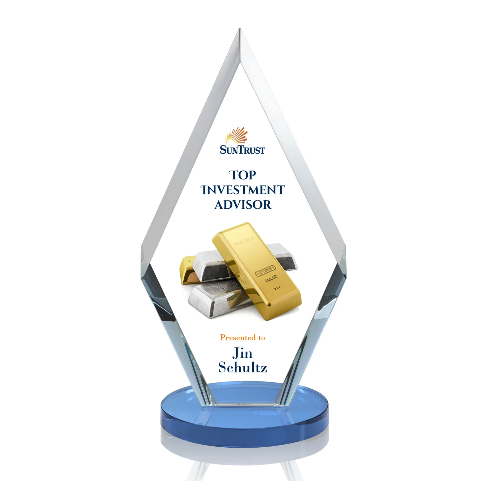 Custom printed Starfire Crystal Diamond Award, Also in Rosewood Crystal for company anniversary events