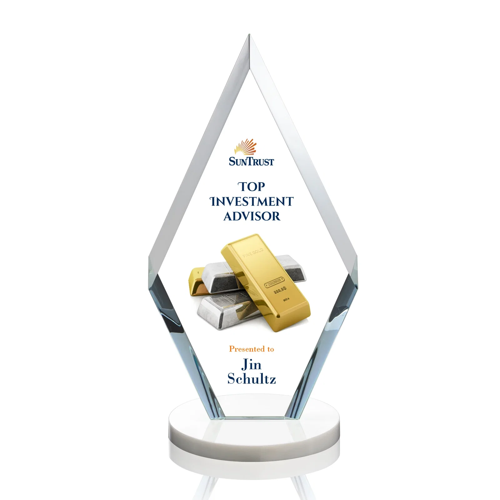 Customized Starfire Crystal Diamond Award, Also in Rosewood Crystal for service anniversary gifts