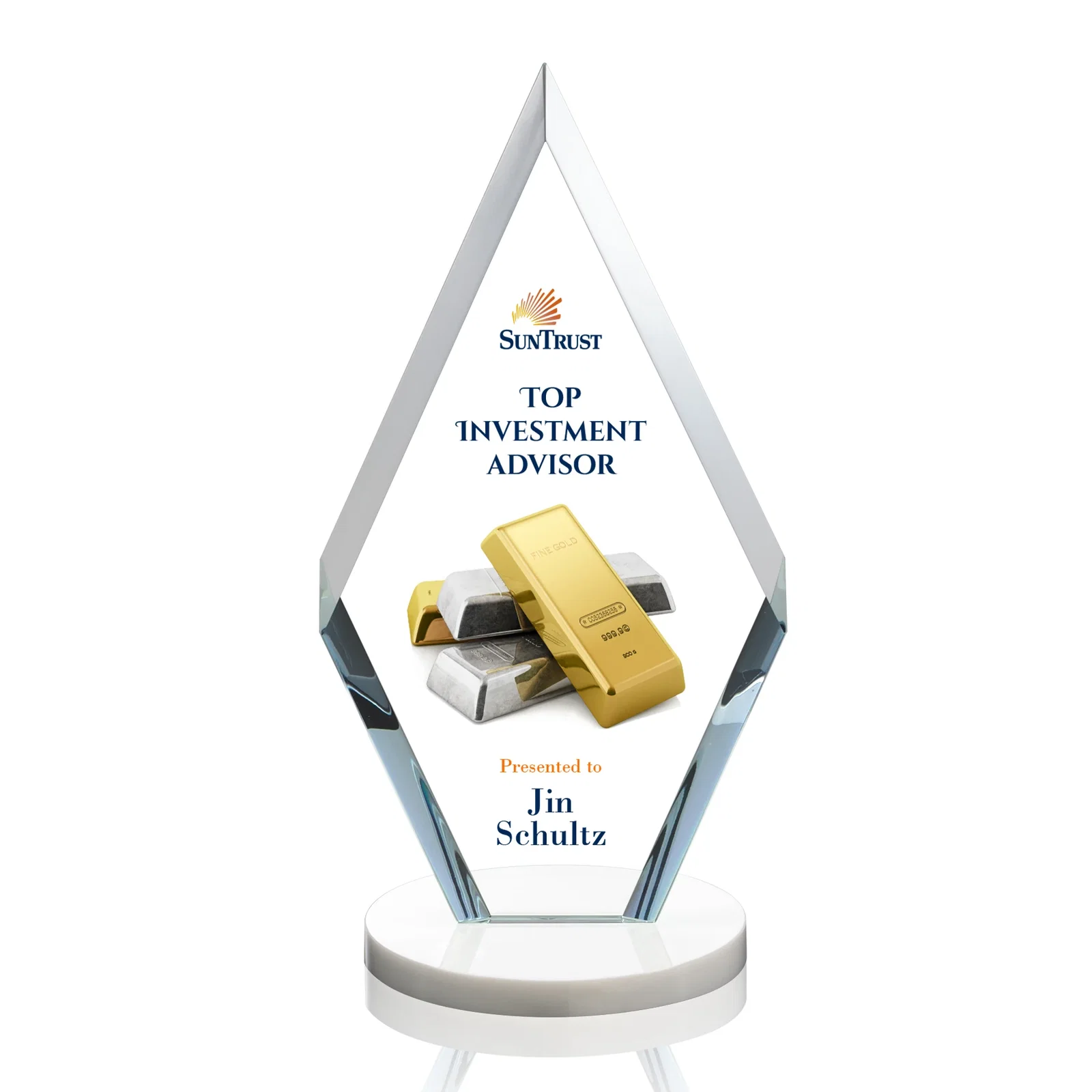 Customized Starfire Crystal Diamond Award, Also in Rosewood Crystal for sales achievement awards
