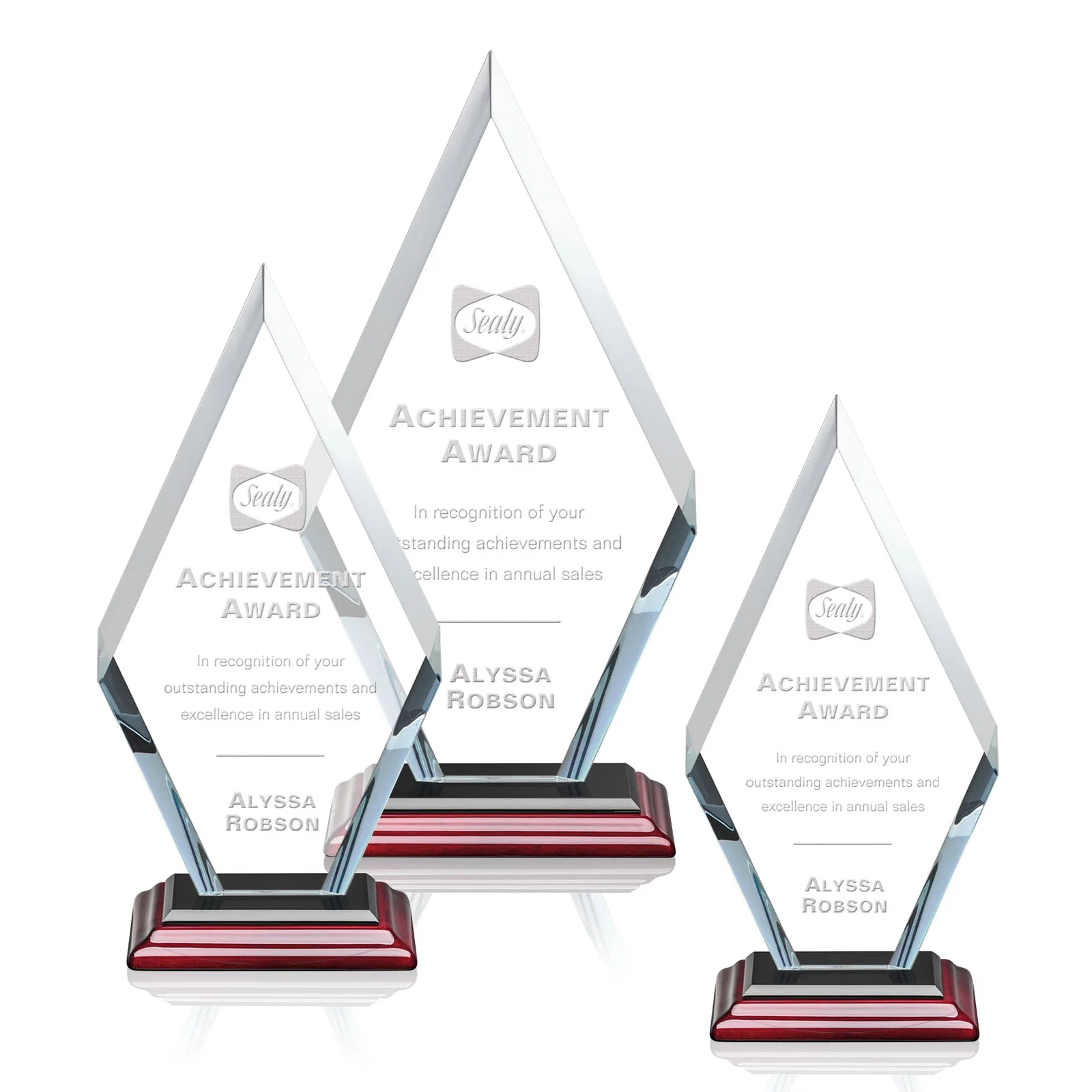 Customized Starfire Crystal Diamond Award, Also in Rosewood Crystal for retirement presentations