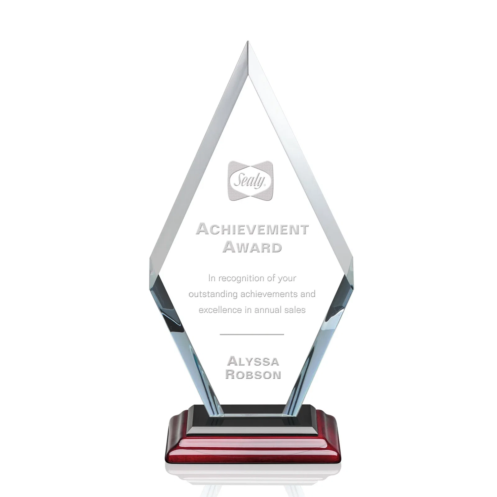 Customized Starfire Crystal Diamond Award, Also in Rosewood Crystal for team milestone celebrations