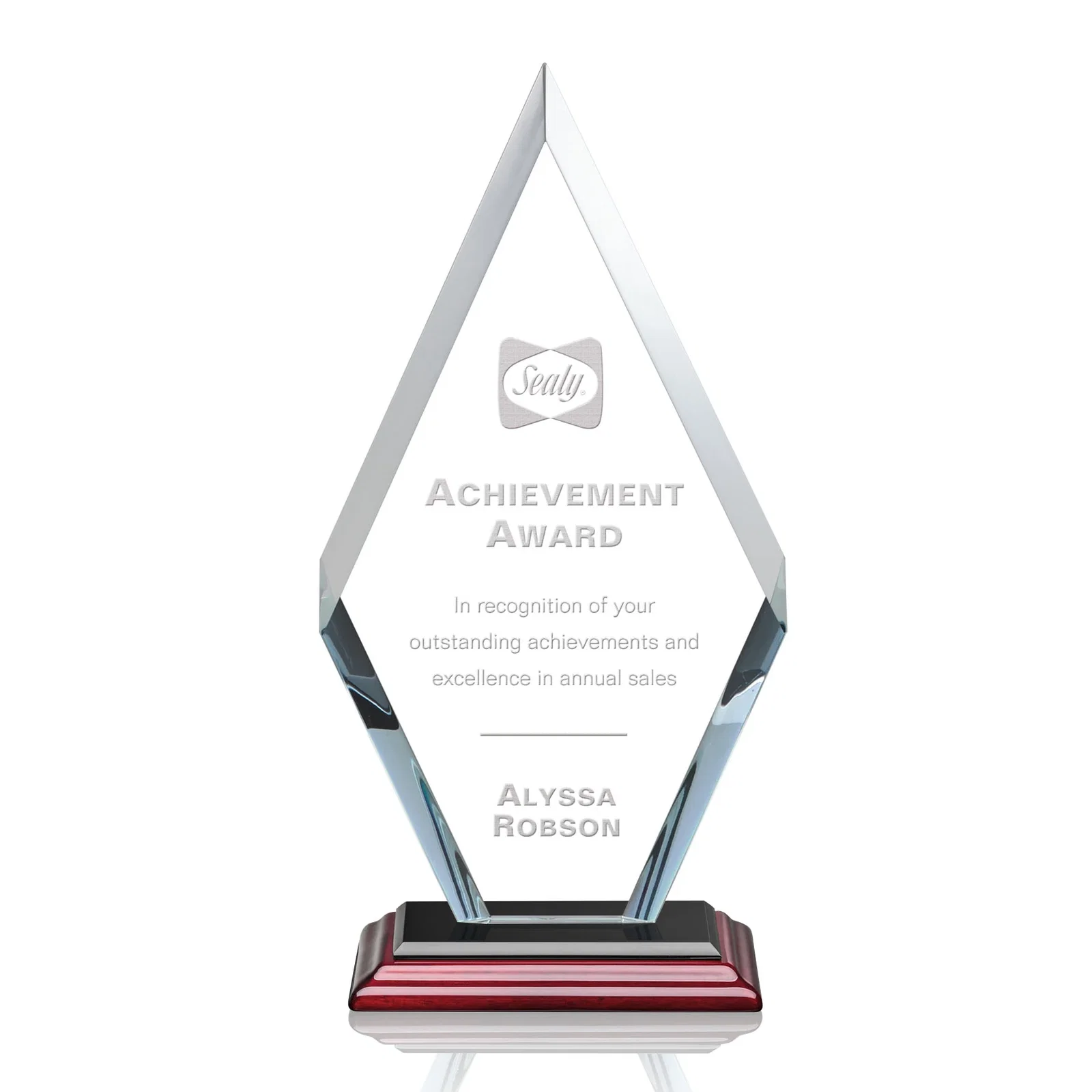 Customized Starfire Crystal Diamond Award, Also in Rosewood Crystal for graduation ceremonies