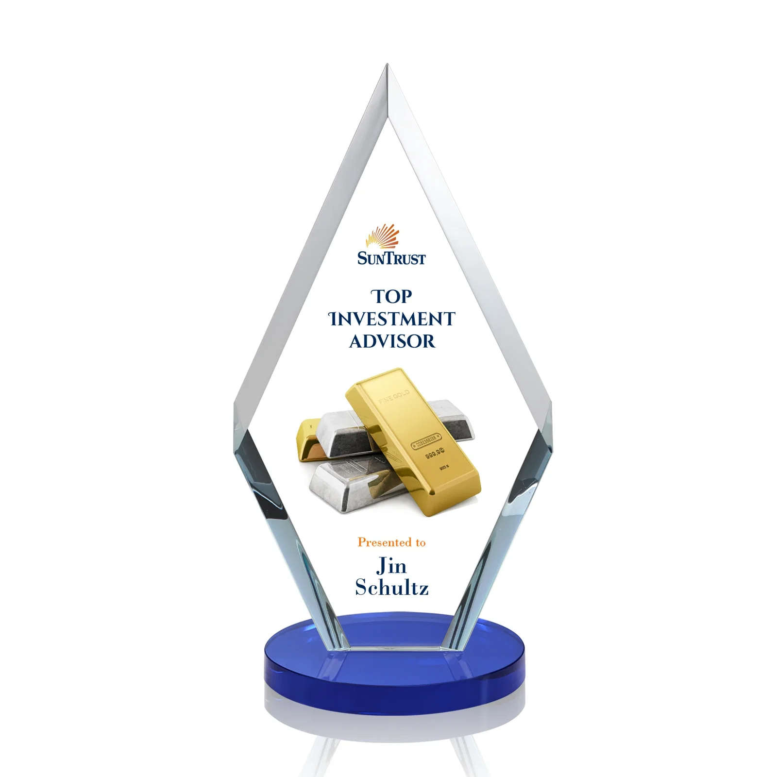 Customized Starfire Crystal Diamond Award, Also in Rosewood Crystal for volunteer appreciation