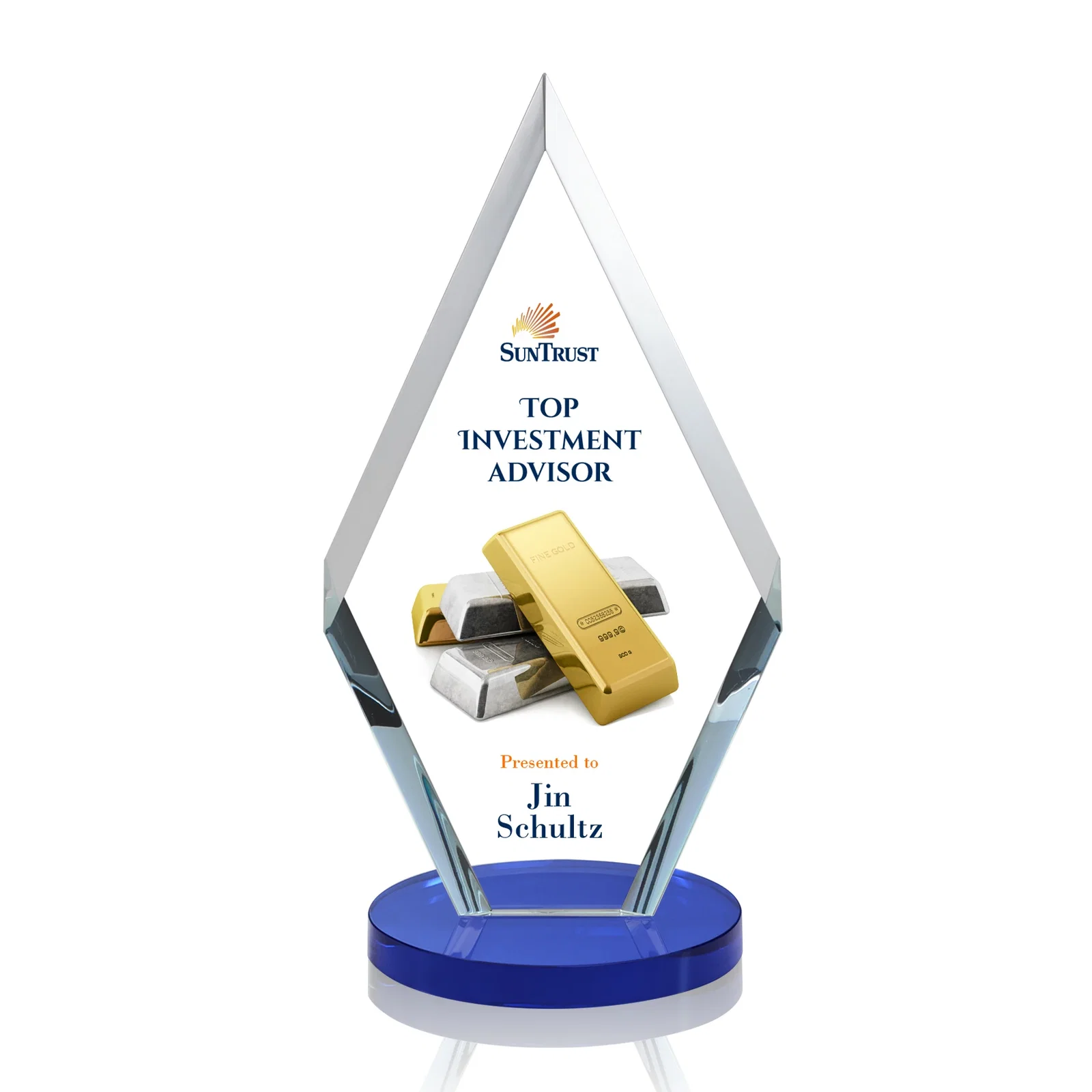 Customized Starfire Crystal Diamond Award, Also in Rosewood Crystal for dealer and partner awards
