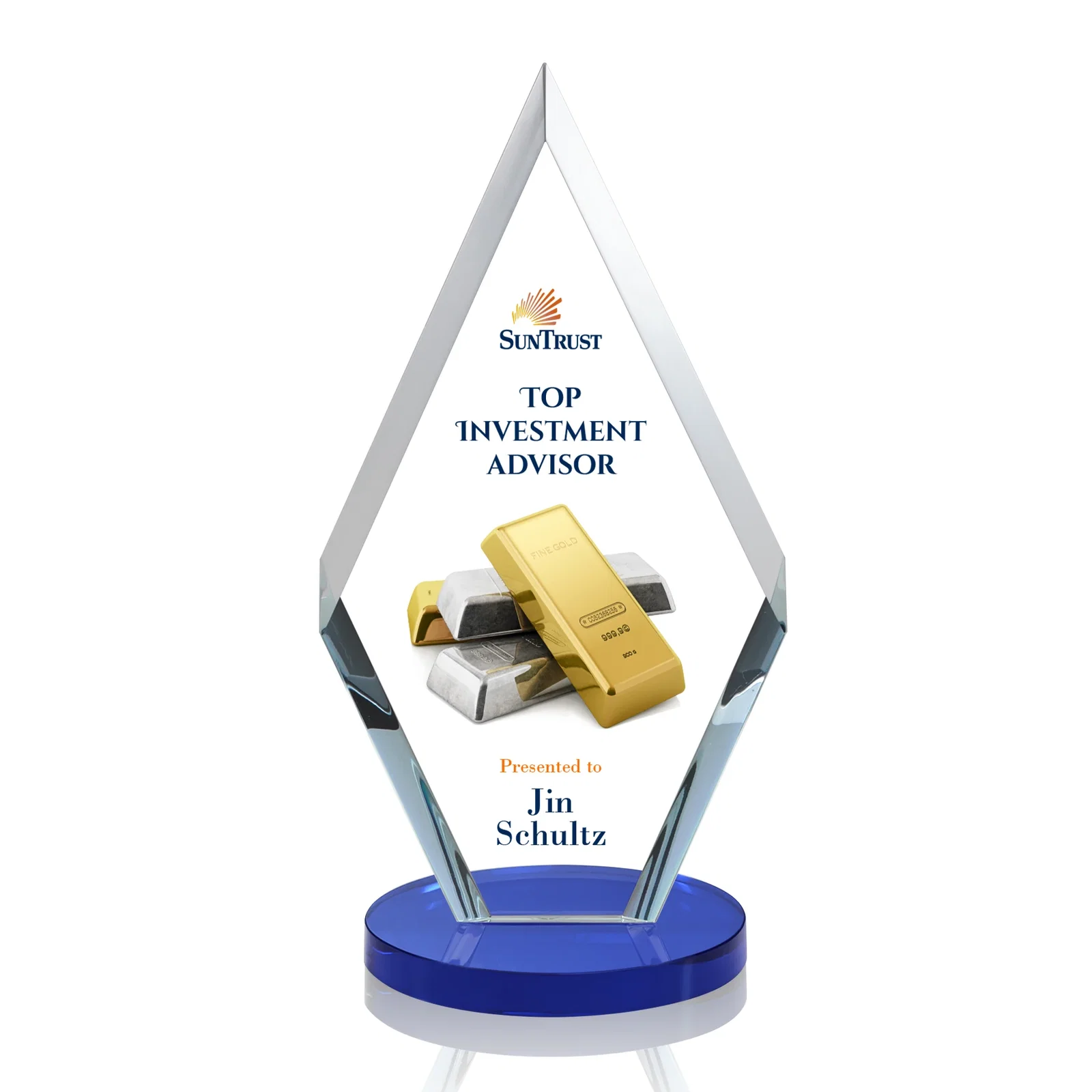 Customized Starfire Crystal Diamond Award, Also in Rosewood Crystal for company anniversary events