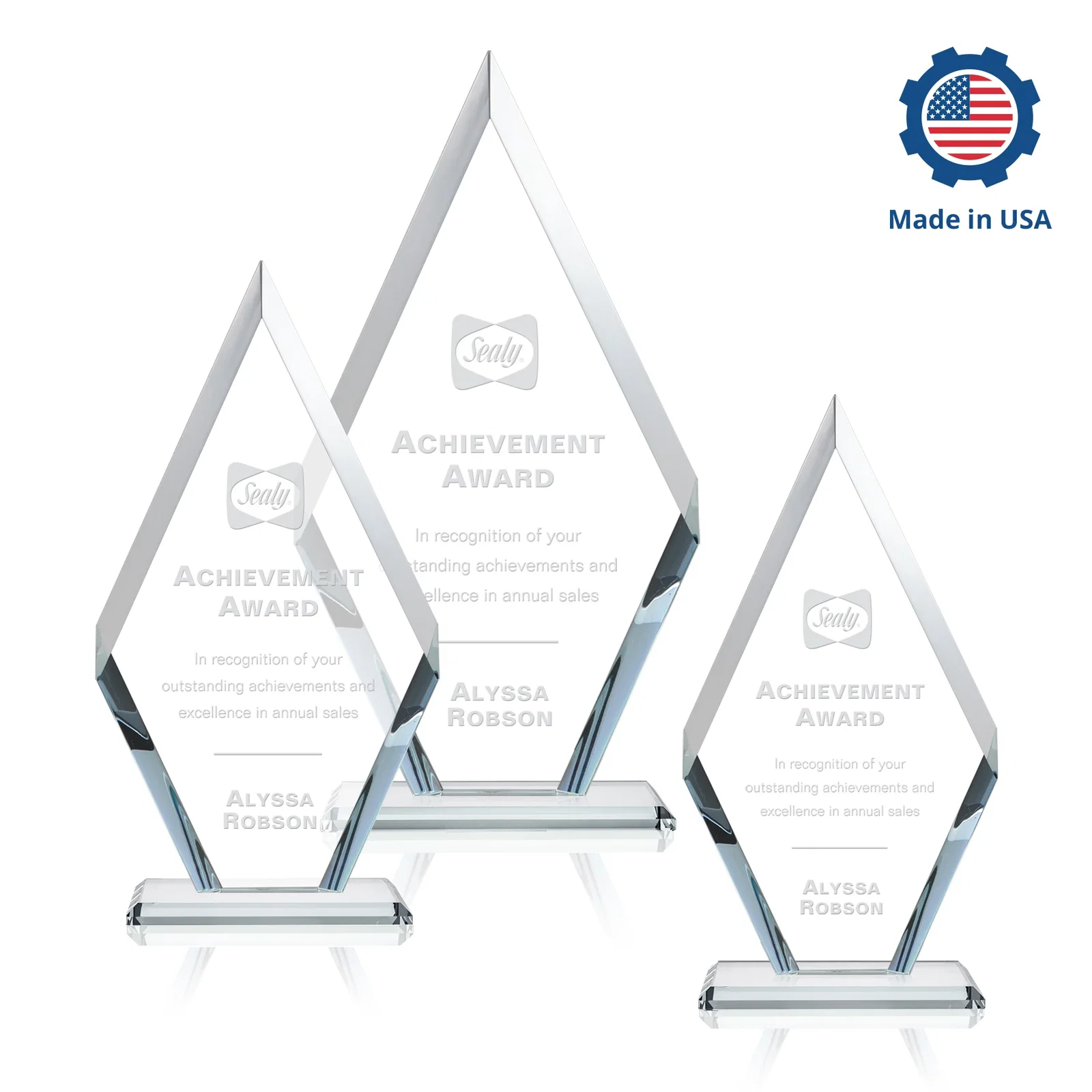 Custom engraved Starfire Crystal Diamond Award, Also in Rosewood Crystal for employee recognition