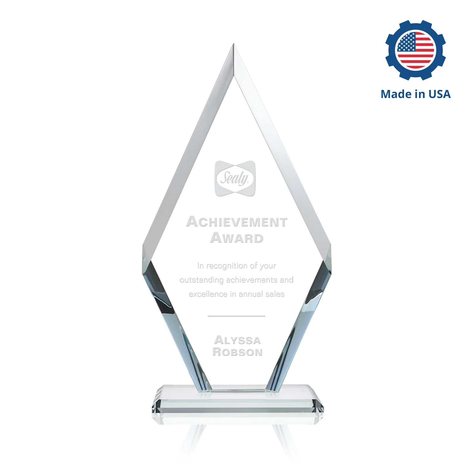 Custom engraved Starfire Crystal Diamond Award, Also in Rosewood Crystal for corporate award ceremonies