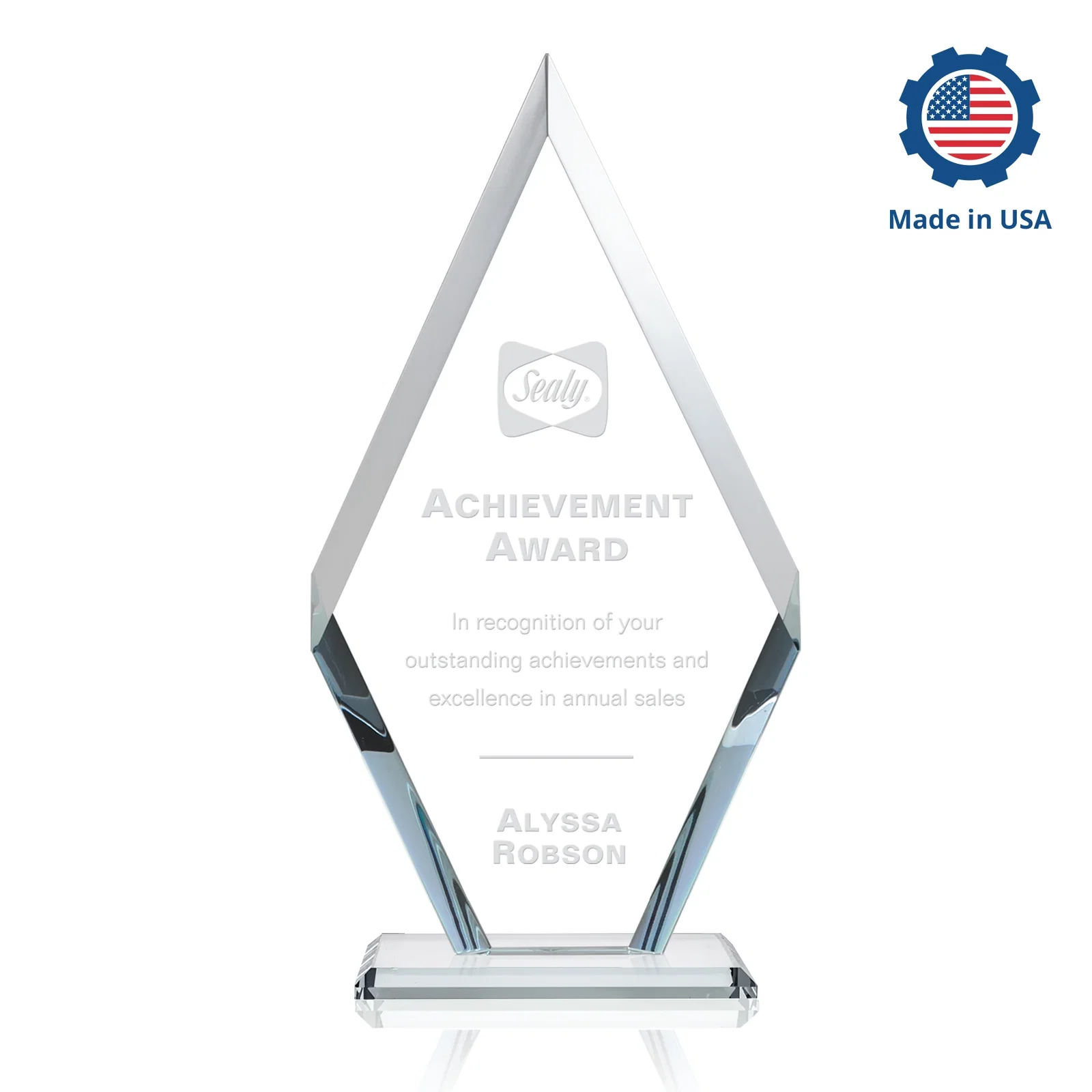 Custom engraved Starfire Crystal Diamond Award, Also in Rosewood Crystal for service anniversary gifts