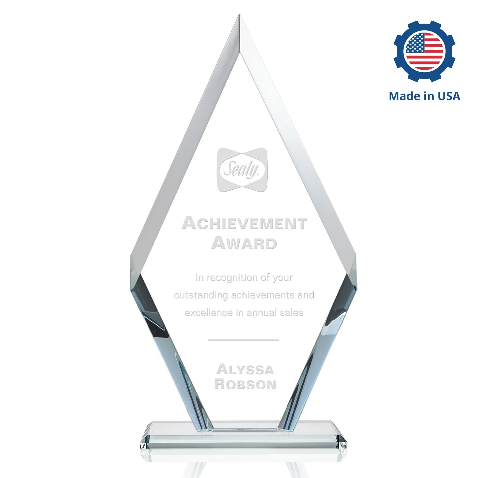 Custom engraved Starfire Crystal Diamond Award, Also in Rosewood Crystal for sales achievement awards