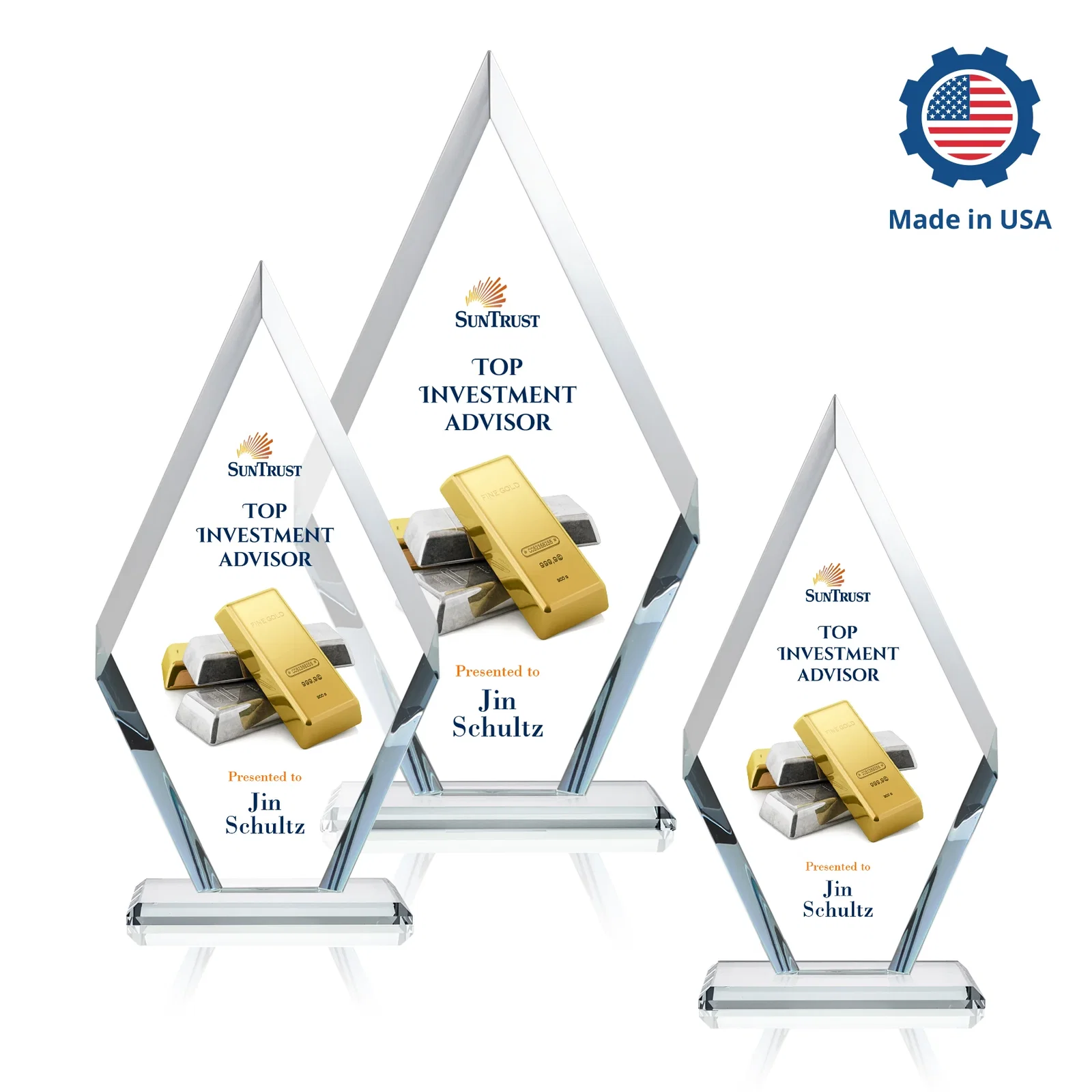 Custom engraved Starfire Crystal Diamond Award, Also in Rosewood Crystal for retirement presentations