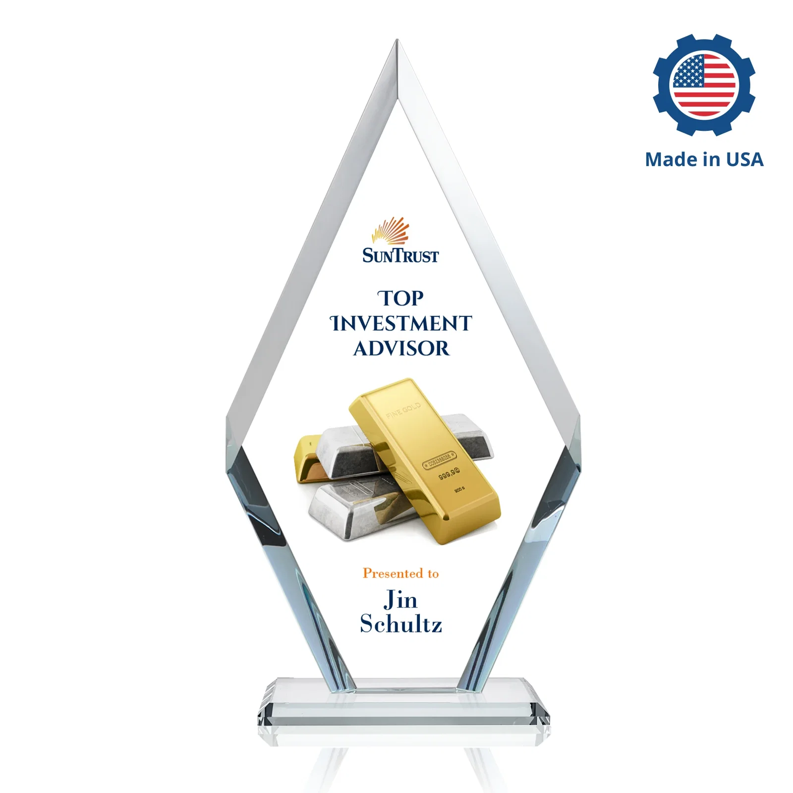Custom engraved Starfire Crystal Diamond Award, Also in Rosewood Crystal for donor appreciation