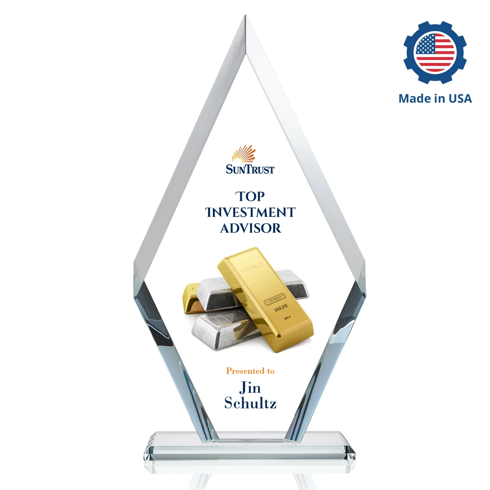 Custom engraved Starfire Crystal Diamond Award, Also in Rosewood Crystal for graduation ceremonies