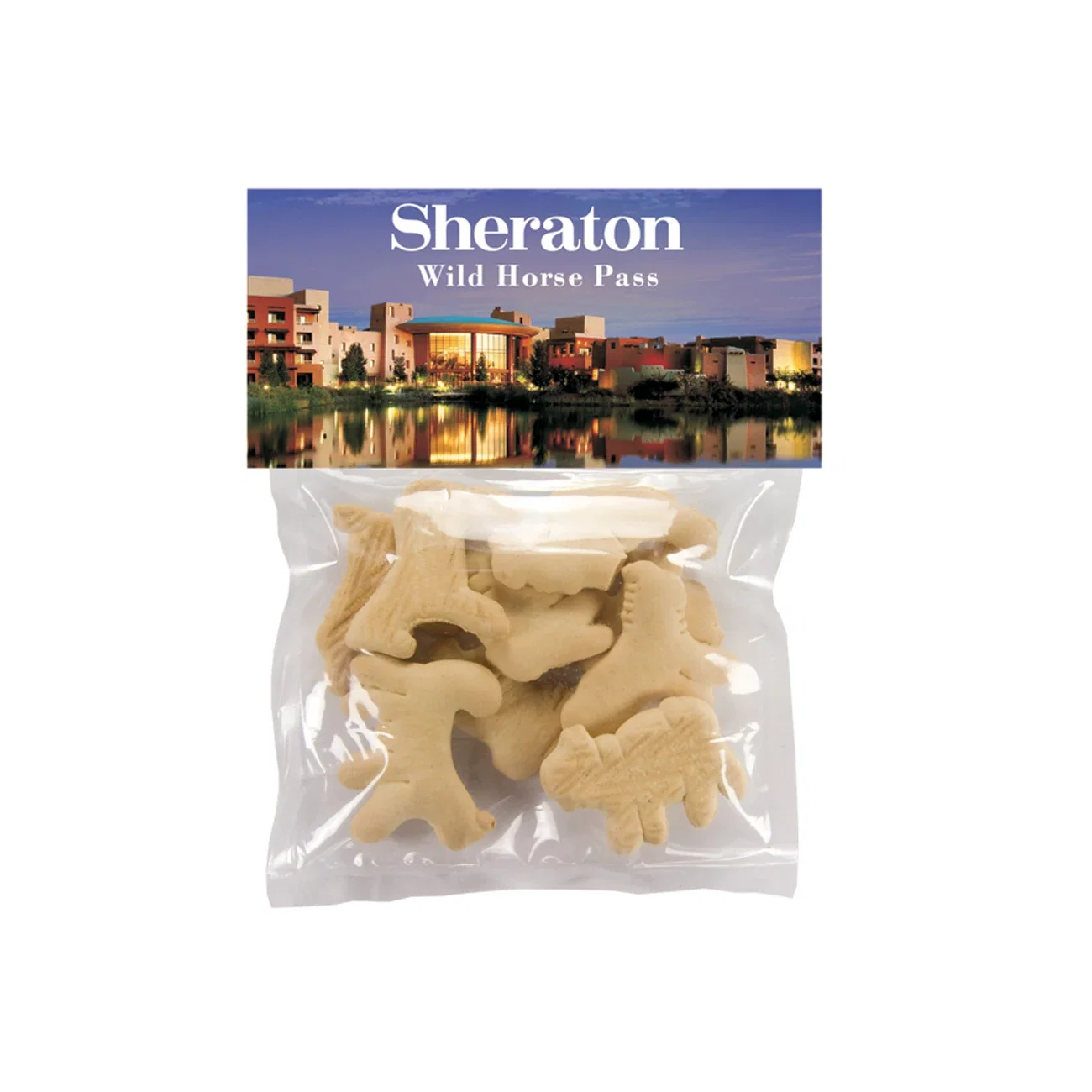Sweets fill the transparent pouch beneath its wide top panel