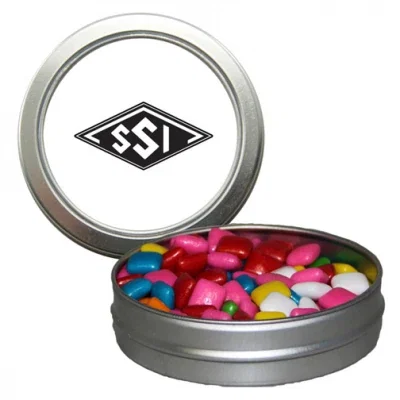 Round silver tin with a clear window lid showing candy