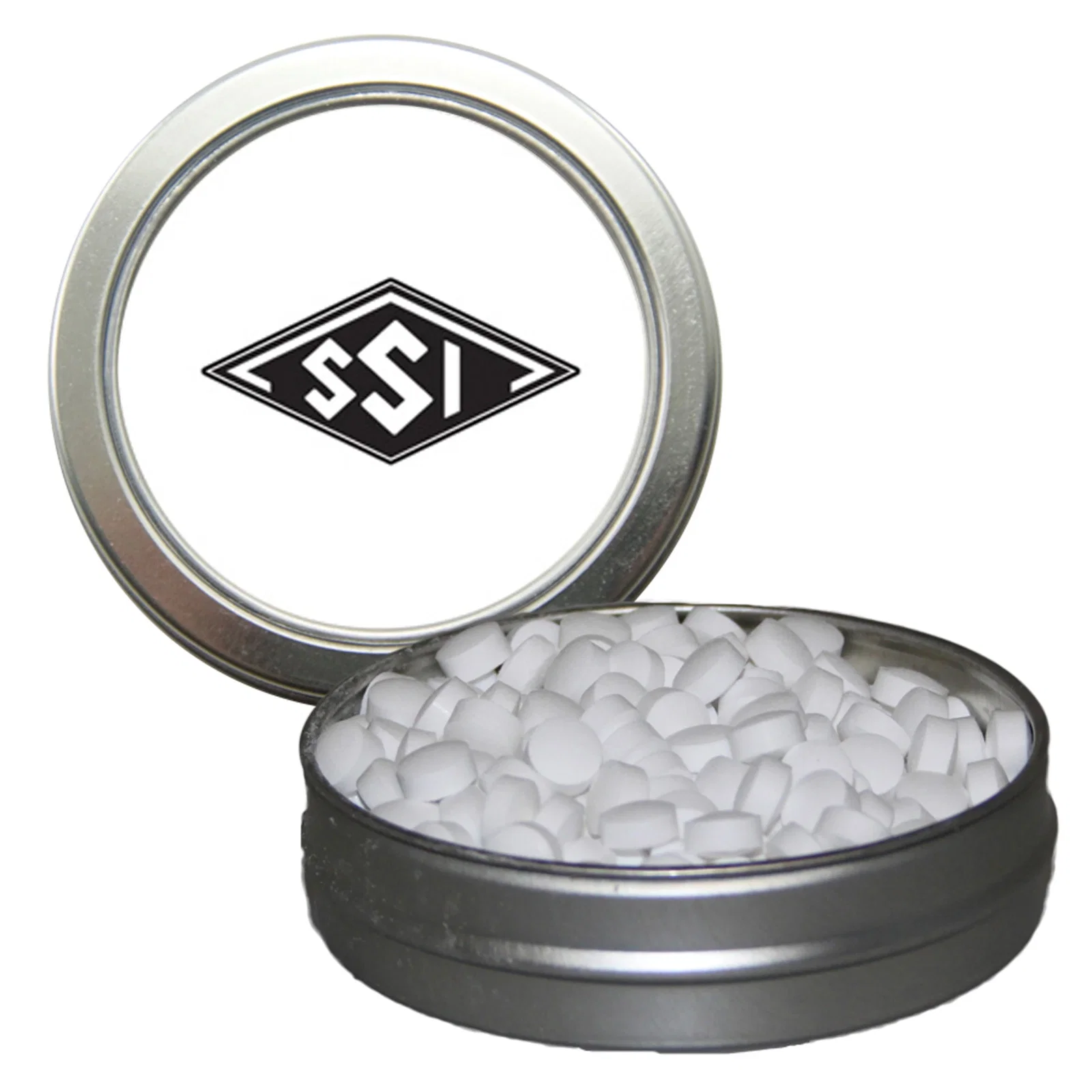 Silver rim frames the transparent lid insert