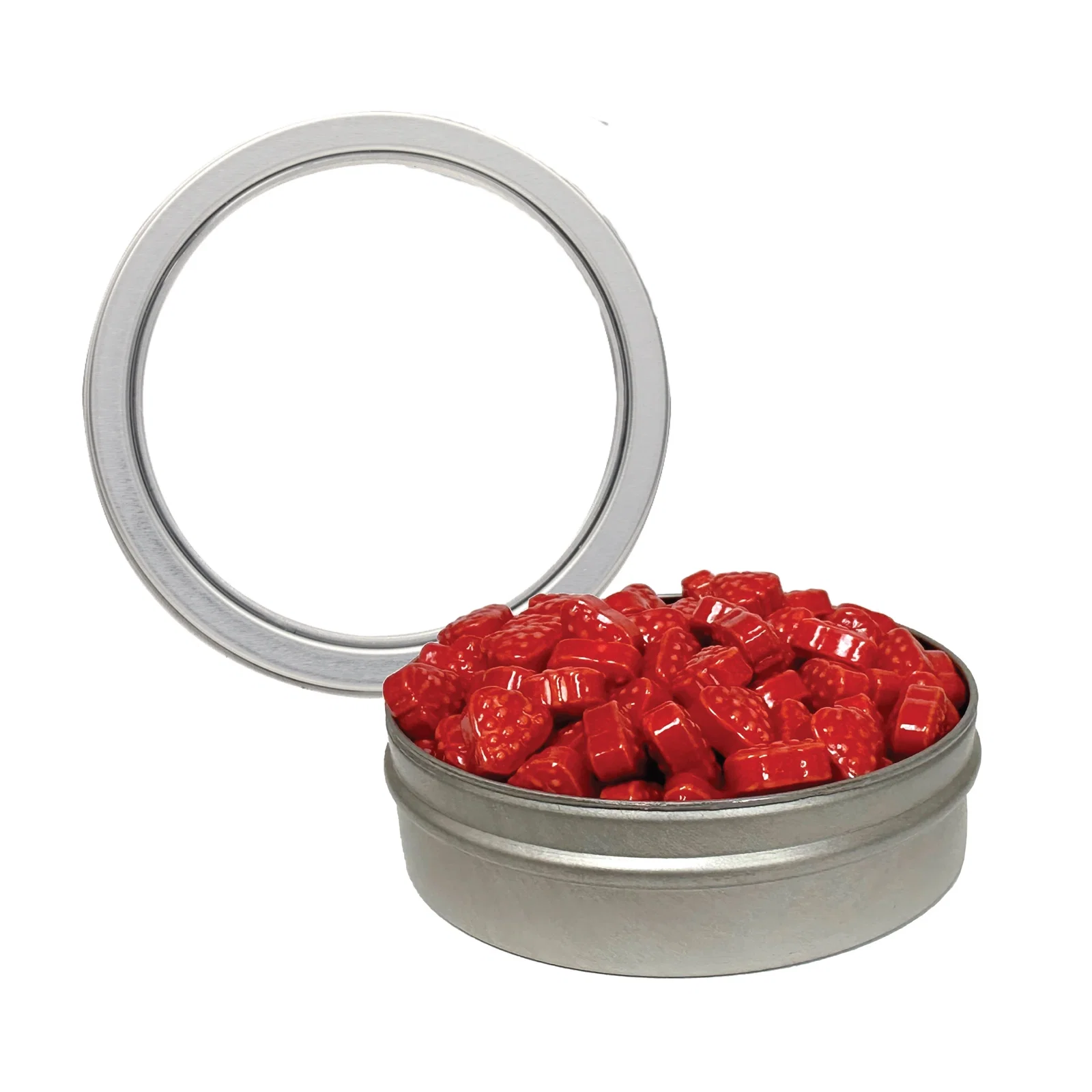Candy visible through the clear top of the tin