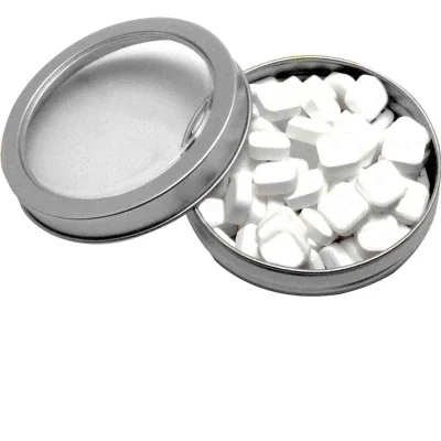 Silver window tin filled with half inch printed mints