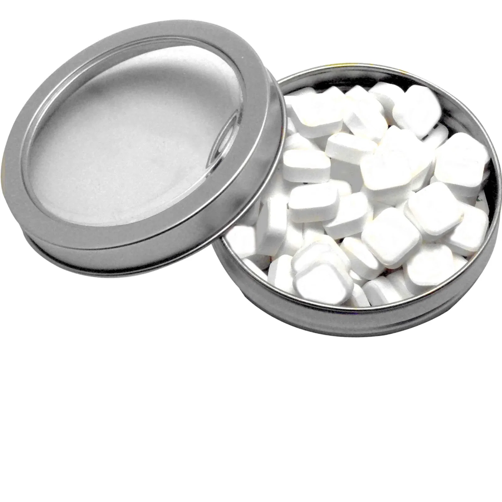 Clear lid shows the imprinted candies packed inside