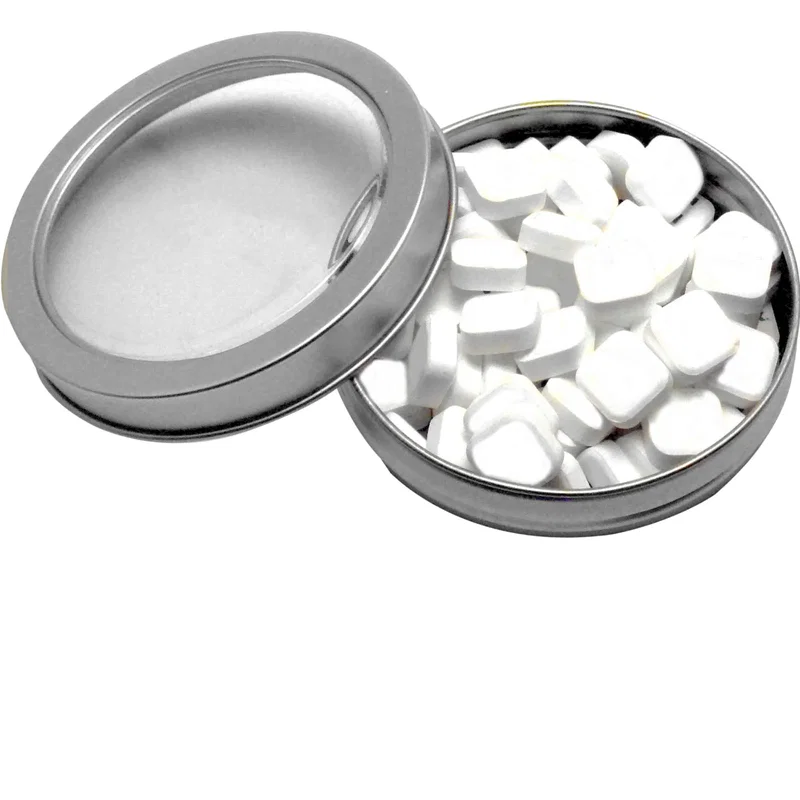 Clear lid shows the imprinted candies packed inside