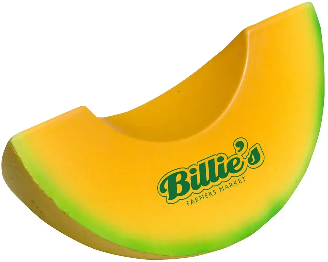 Cantaloupe custom stress ball shaped like a melon slice, branded health and nutrition promotional logo giveaway