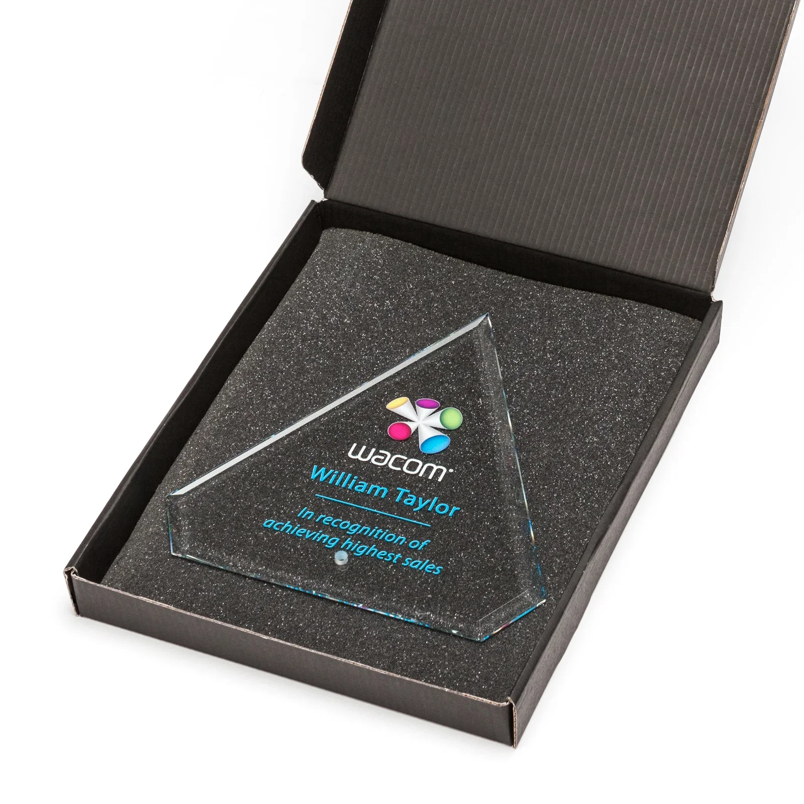 Personalized Starfire Crystal Diamond Award with a Chrome or Gold Easel Pin for service anniversary gifts