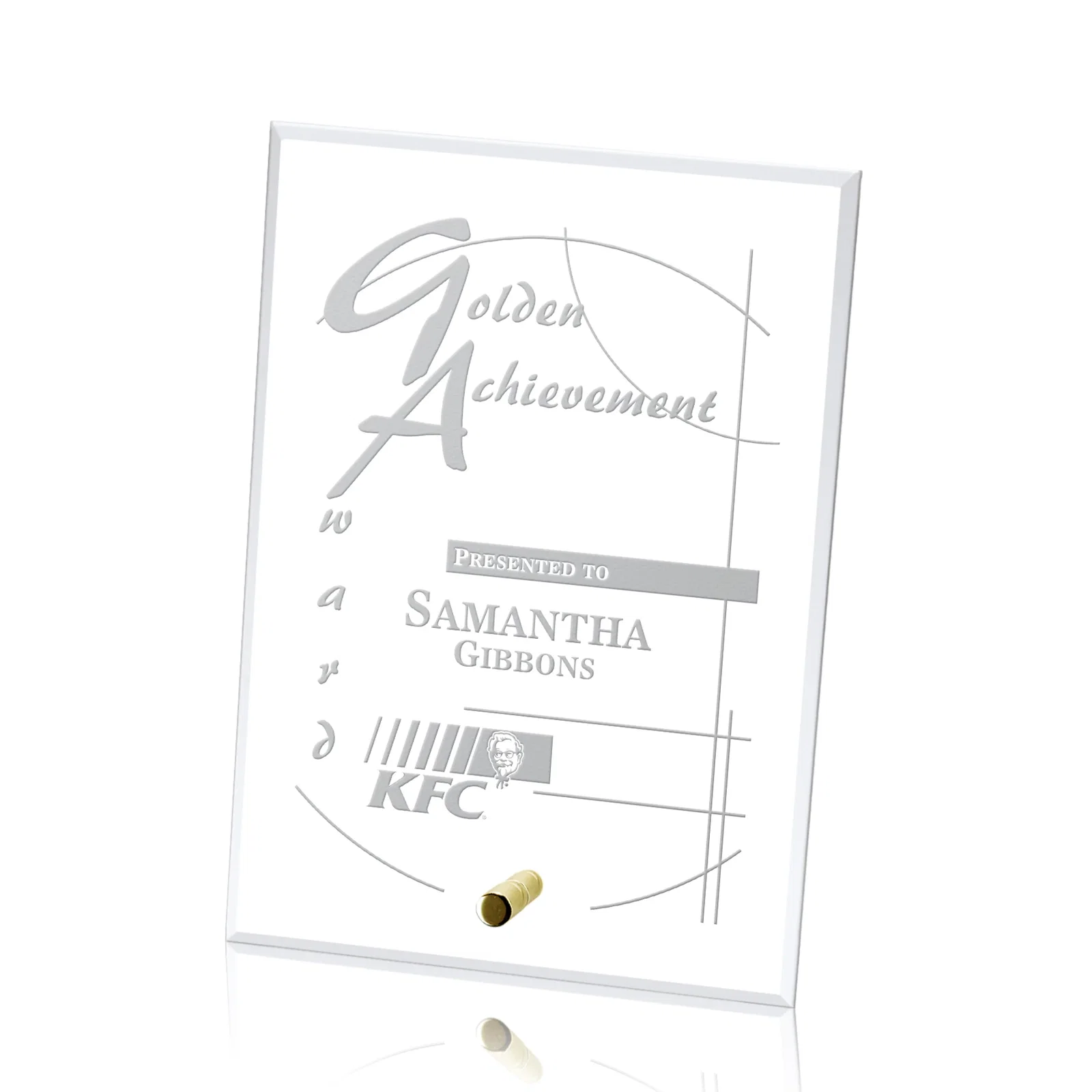 Custom Starfire Crystal Rectangle Award With a Chrome or Gold Pin, awards for dealer and partner awards