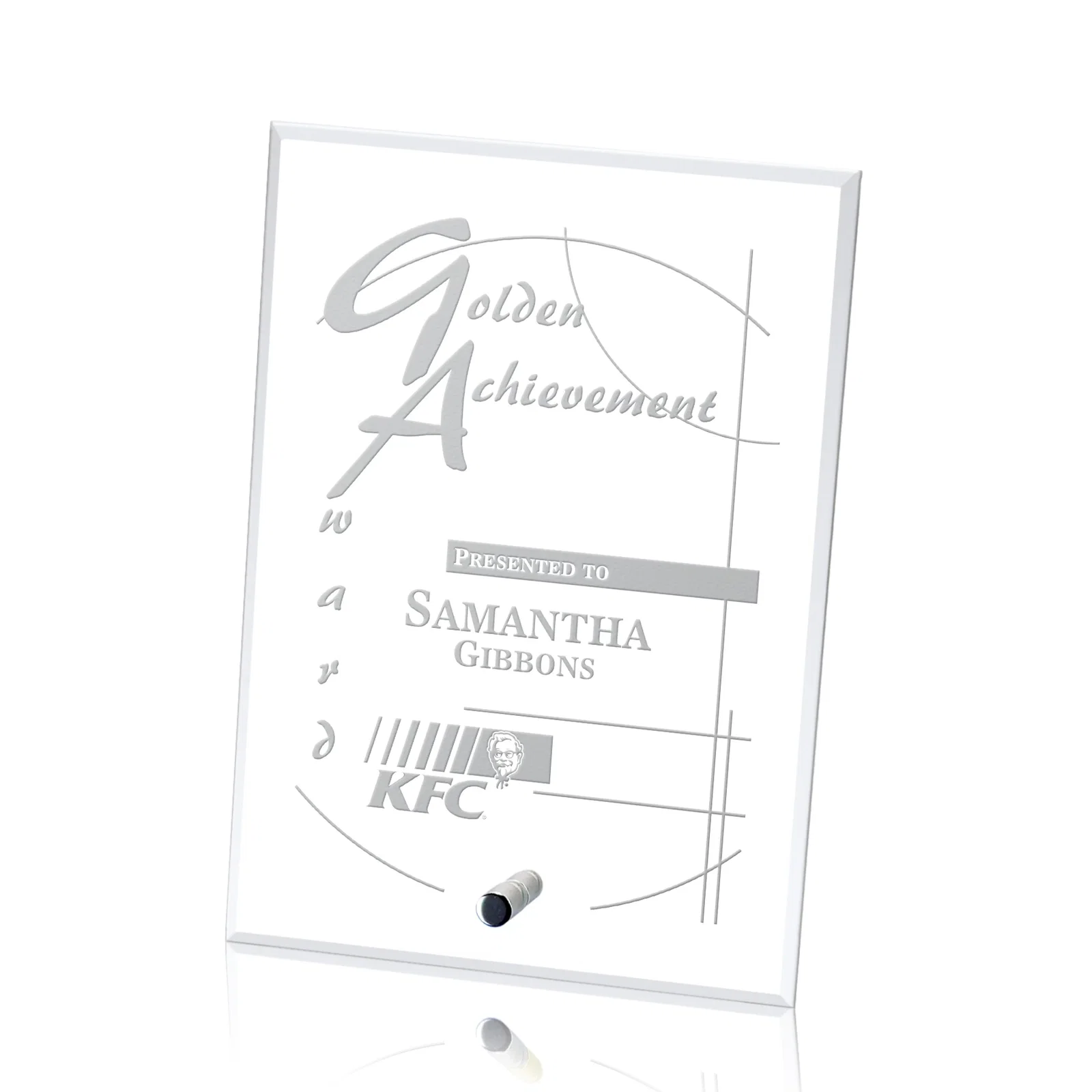 Custom Starfire Crystal Rectangle Award With a Chrome or Gold Pin, awards for company anniversary events