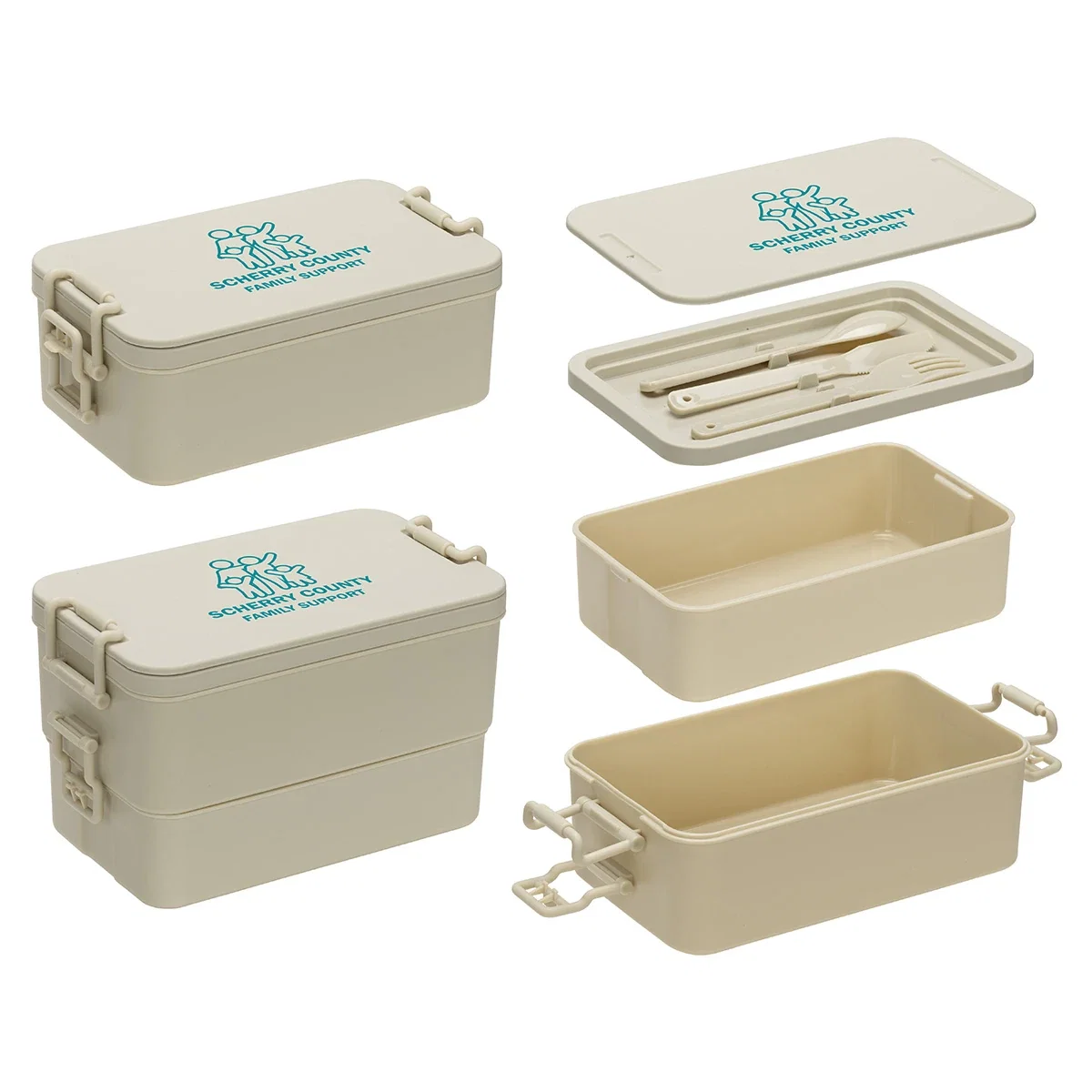 Stackable Lunch Box With Utensils open to show its stacked compartments, Style 2