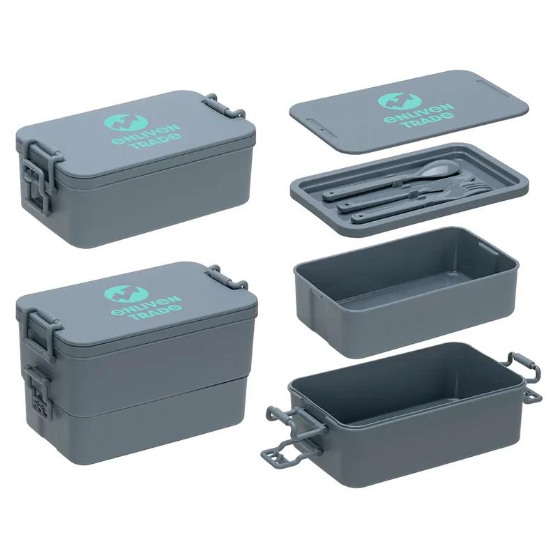 Branded Stackable Lunch Box With Utensils packed with a meal, lifestyle shot