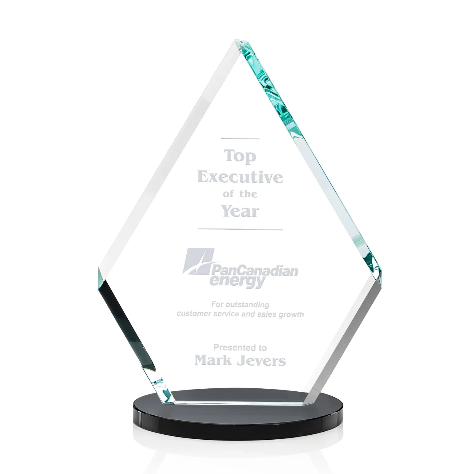 Custom Starfire Crystal Diamond Award on a Clear or Rosewood Base for company anniversary events