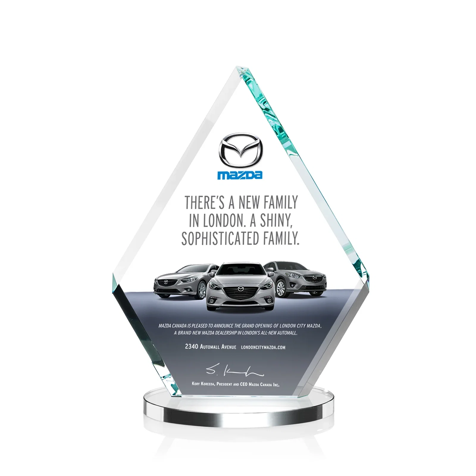 Custom Starfire Crystal Diamond Award on a Clear or Rosewood Base for corporate award ceremonies