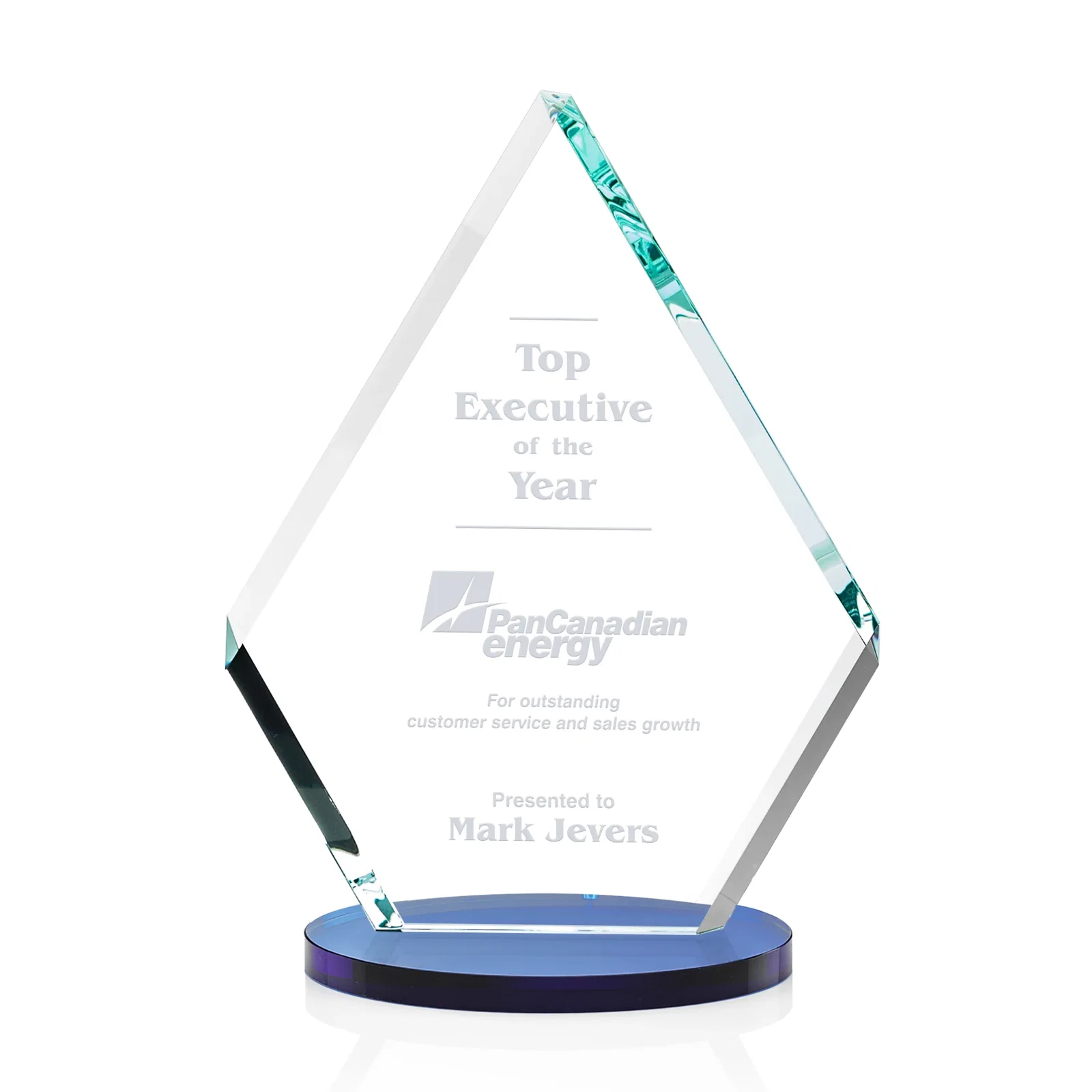 Personalized Starfire Crystal Diamond Award on a Clear or Rosewood Base for company anniversary events