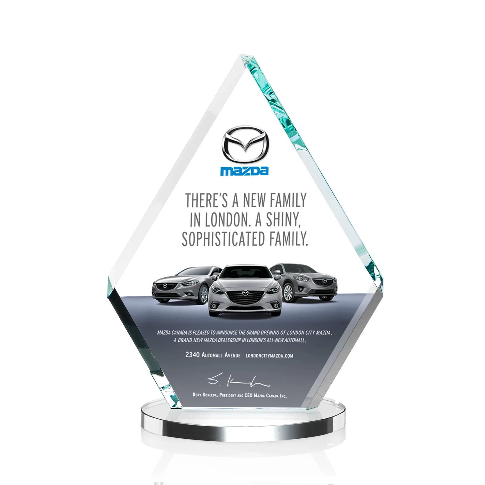 Custom Starfire Crystal Diamond Award on a Clear or Rosewood Base for service anniversary gifts