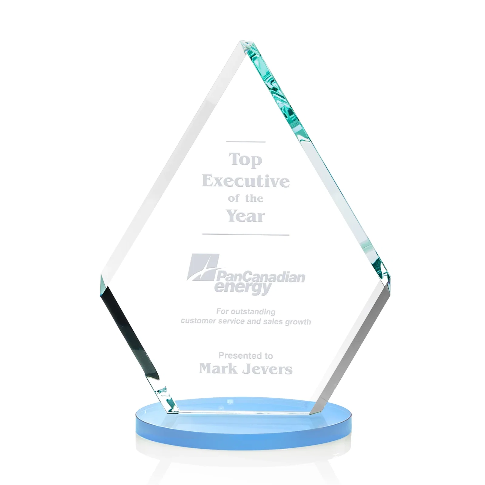 Promotional Starfire Crystal Diamond Award on a Clear or Rosewood Base for company anniversary events
