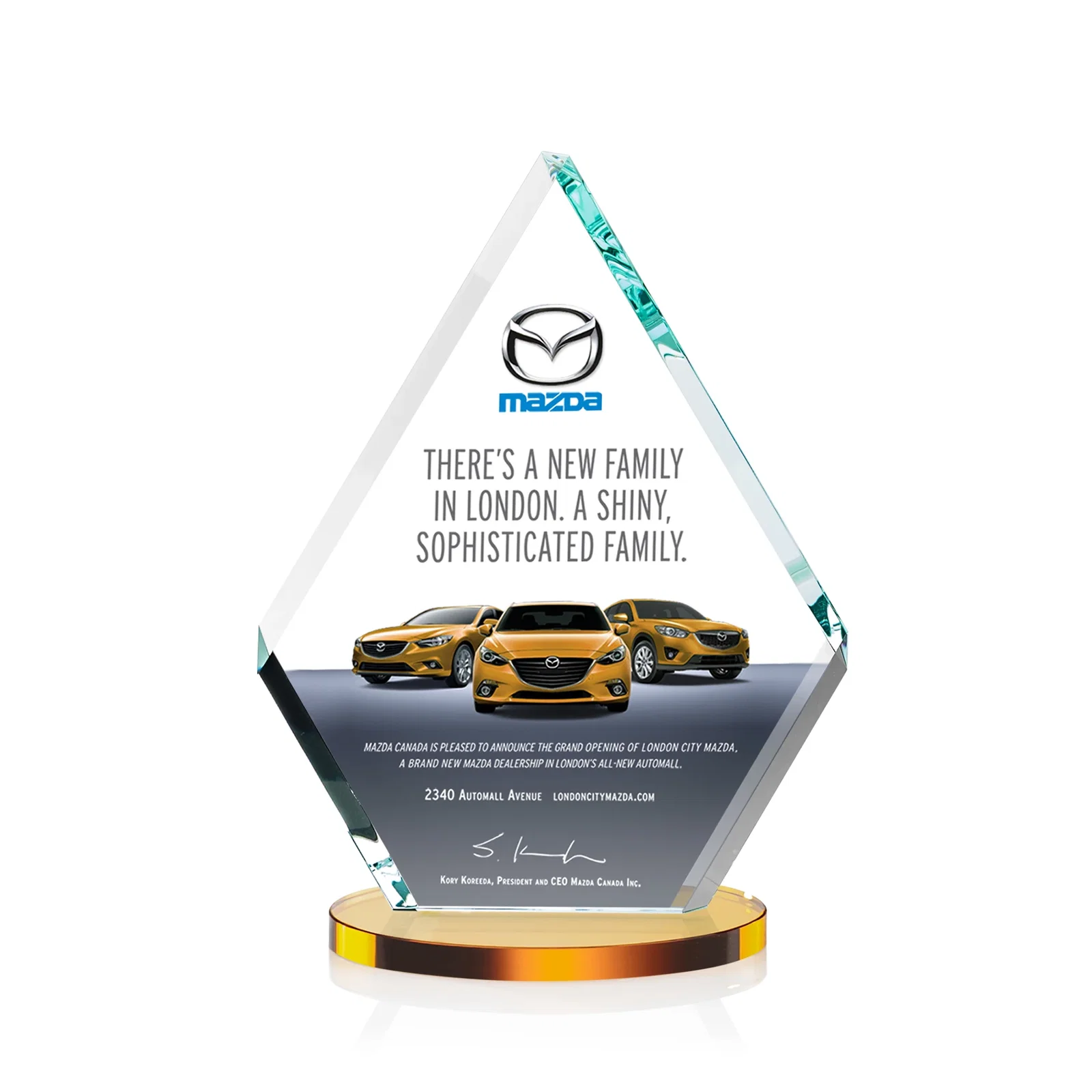 Branded Starfire Crystal Diamond Award on a Clear or Rosewood Base for corporate award ceremonies