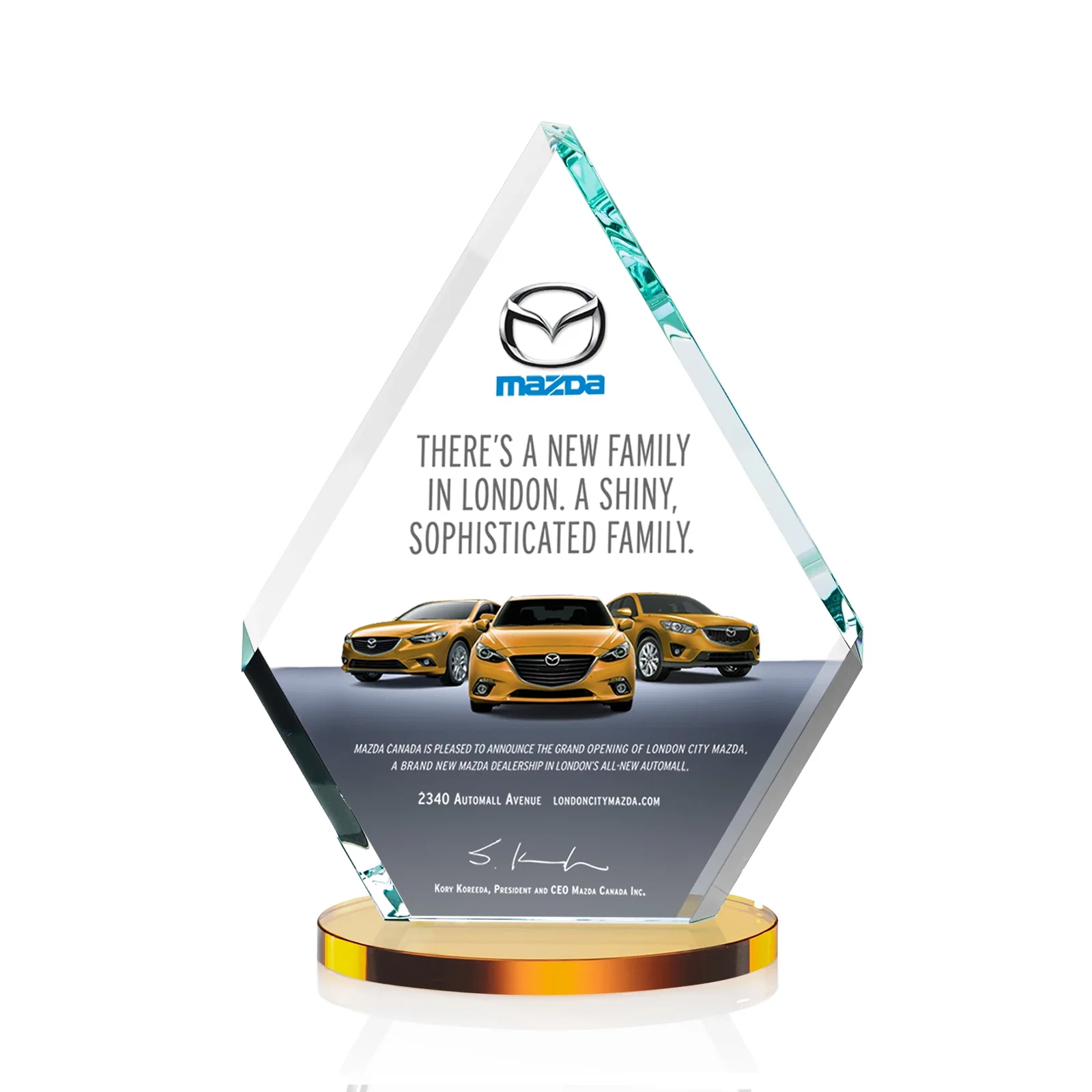 Branded Starfire Crystal Diamond Award on a Clear or Rosewood Base for service anniversary gifts