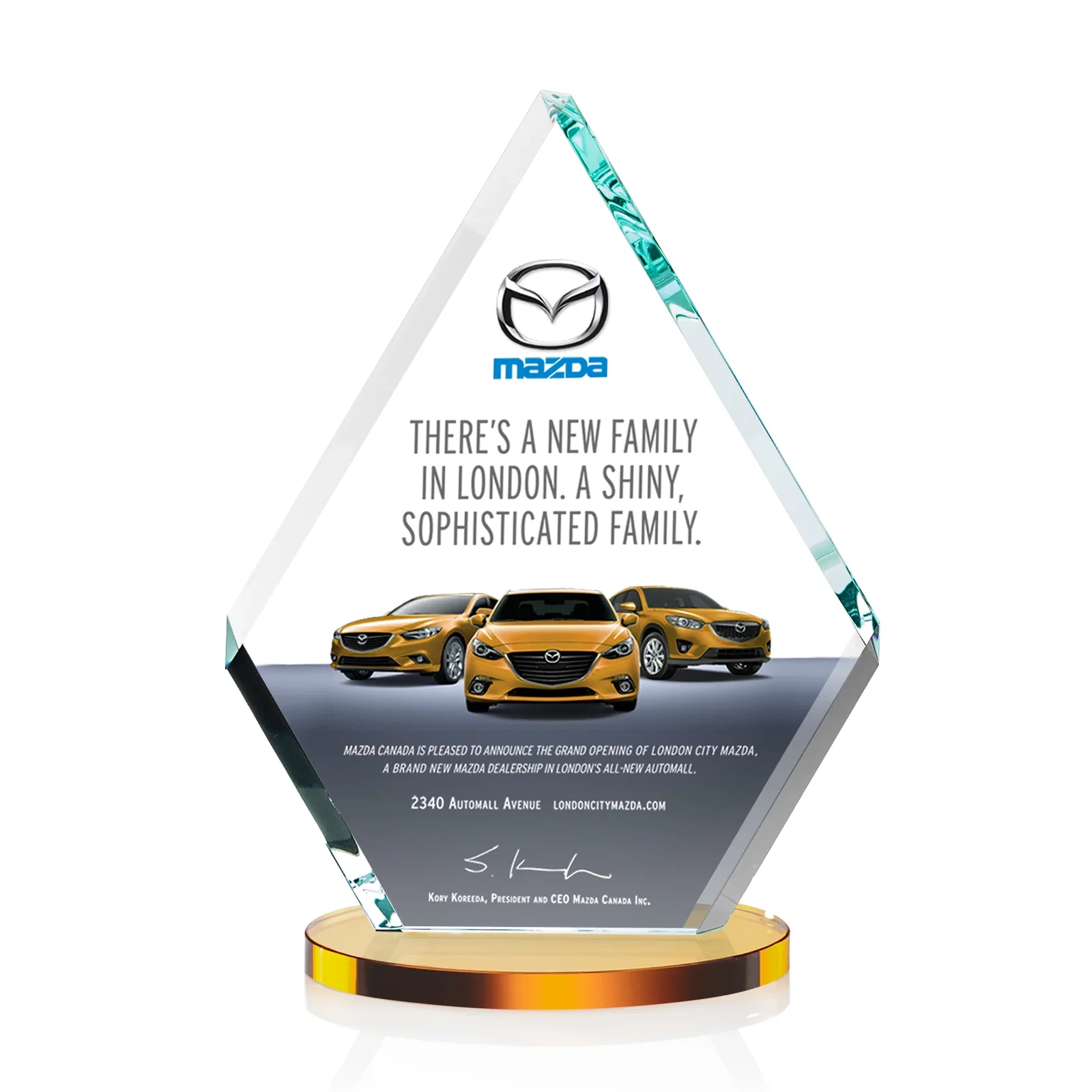 Branded Starfire Crystal Diamond Award on a Clear or Rosewood Base for sales achievement awards