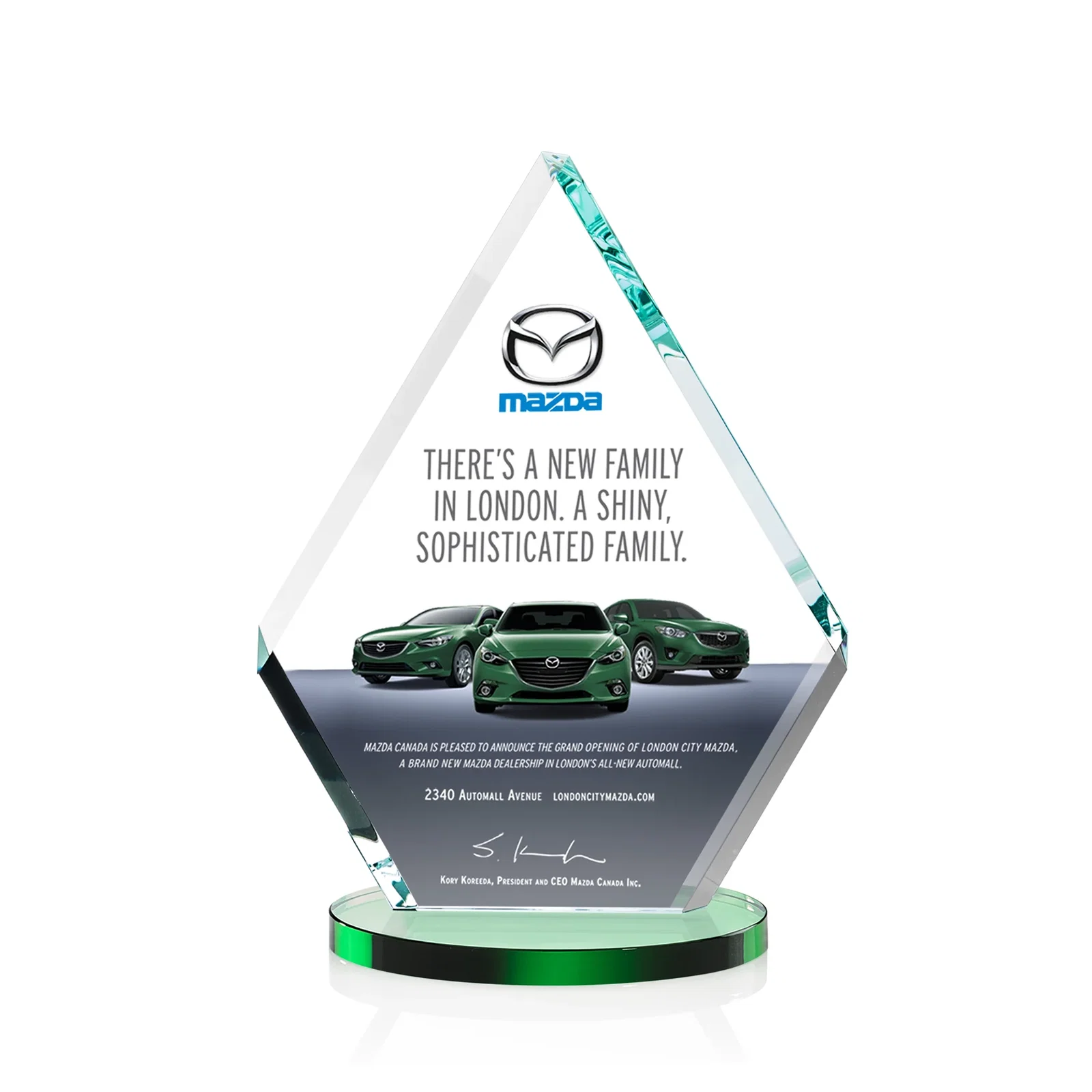 Branded Starfire Crystal Diamond Award on a Clear or Rosewood Base for team milestone celebrations