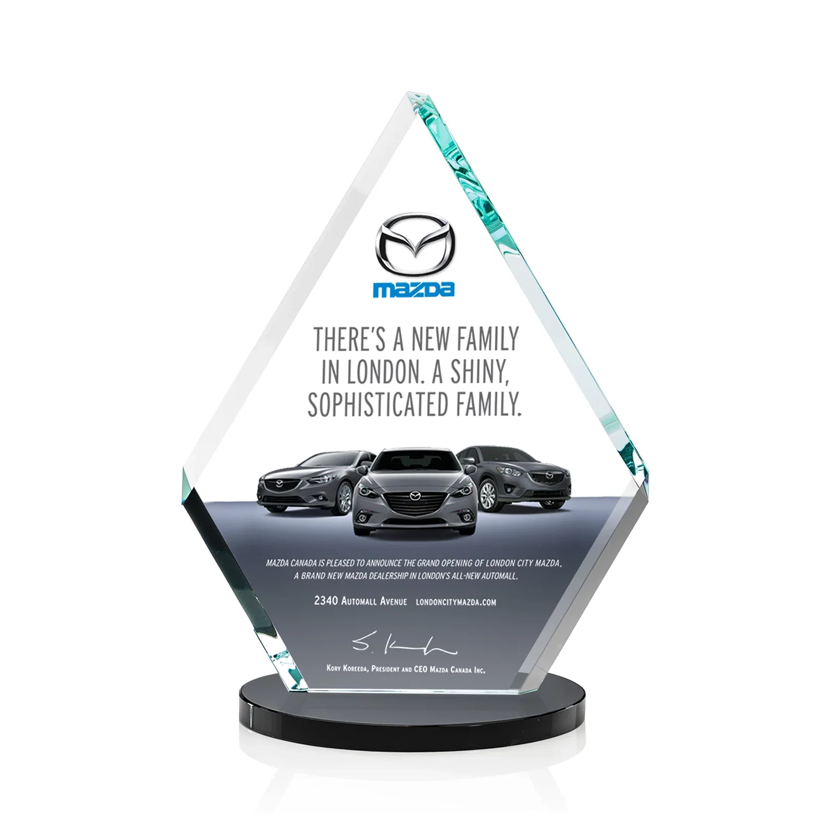 Branded Starfire Crystal Diamond Award on a Clear or Rosewood Base for dealer and partner awards