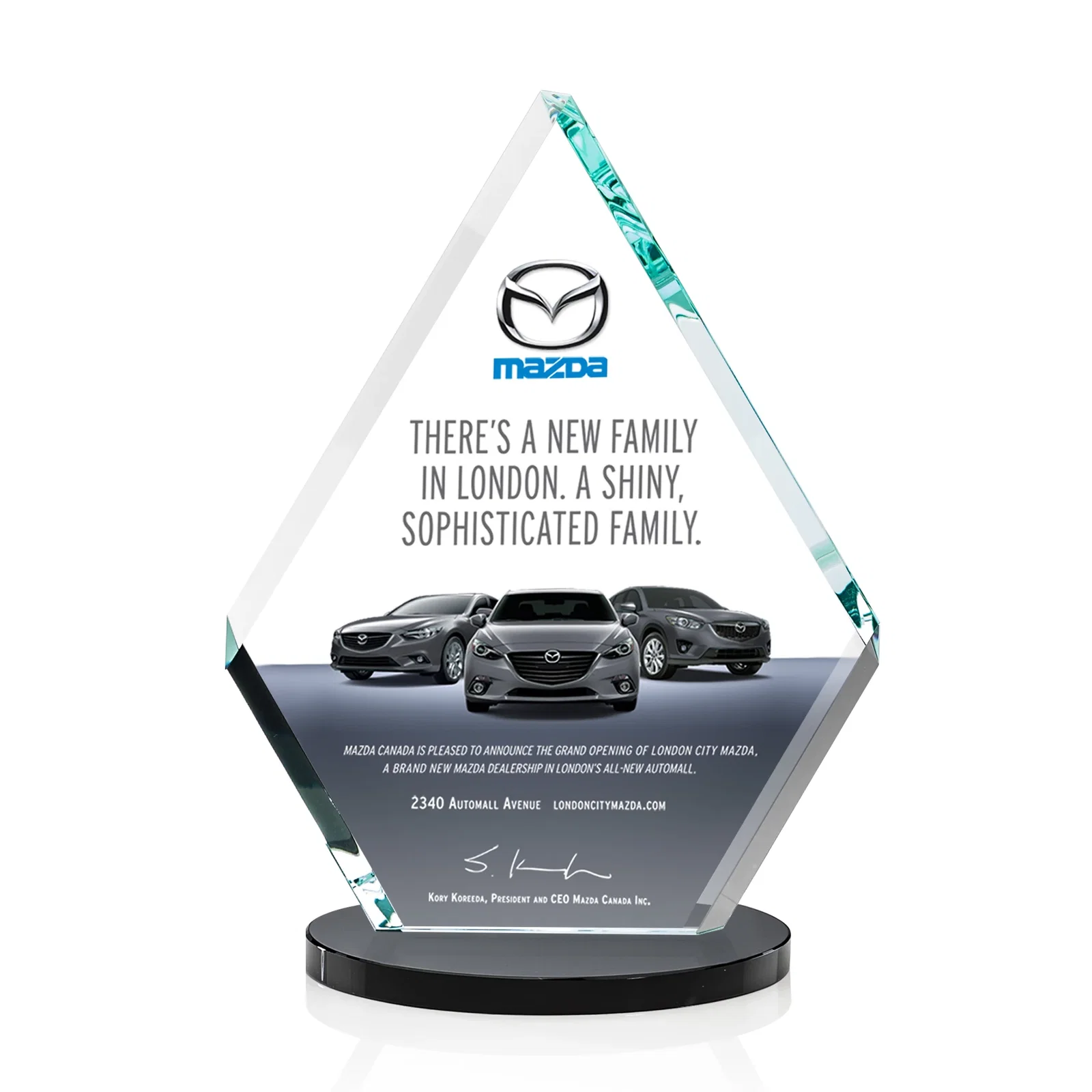 Branded Starfire Crystal Diamond Award on a Clear or Rosewood Base for company anniversary events
