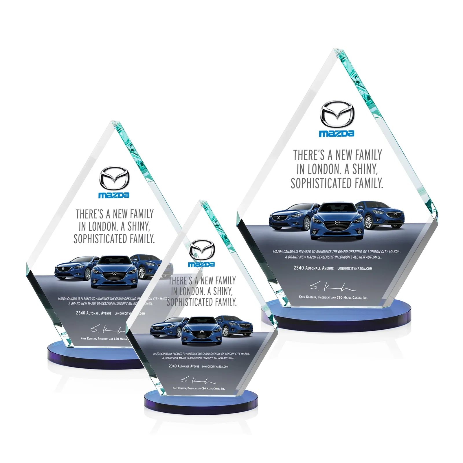 Custom printed Starfire Crystal Diamond Award on a Clear or Rosewood Base for employee recognition