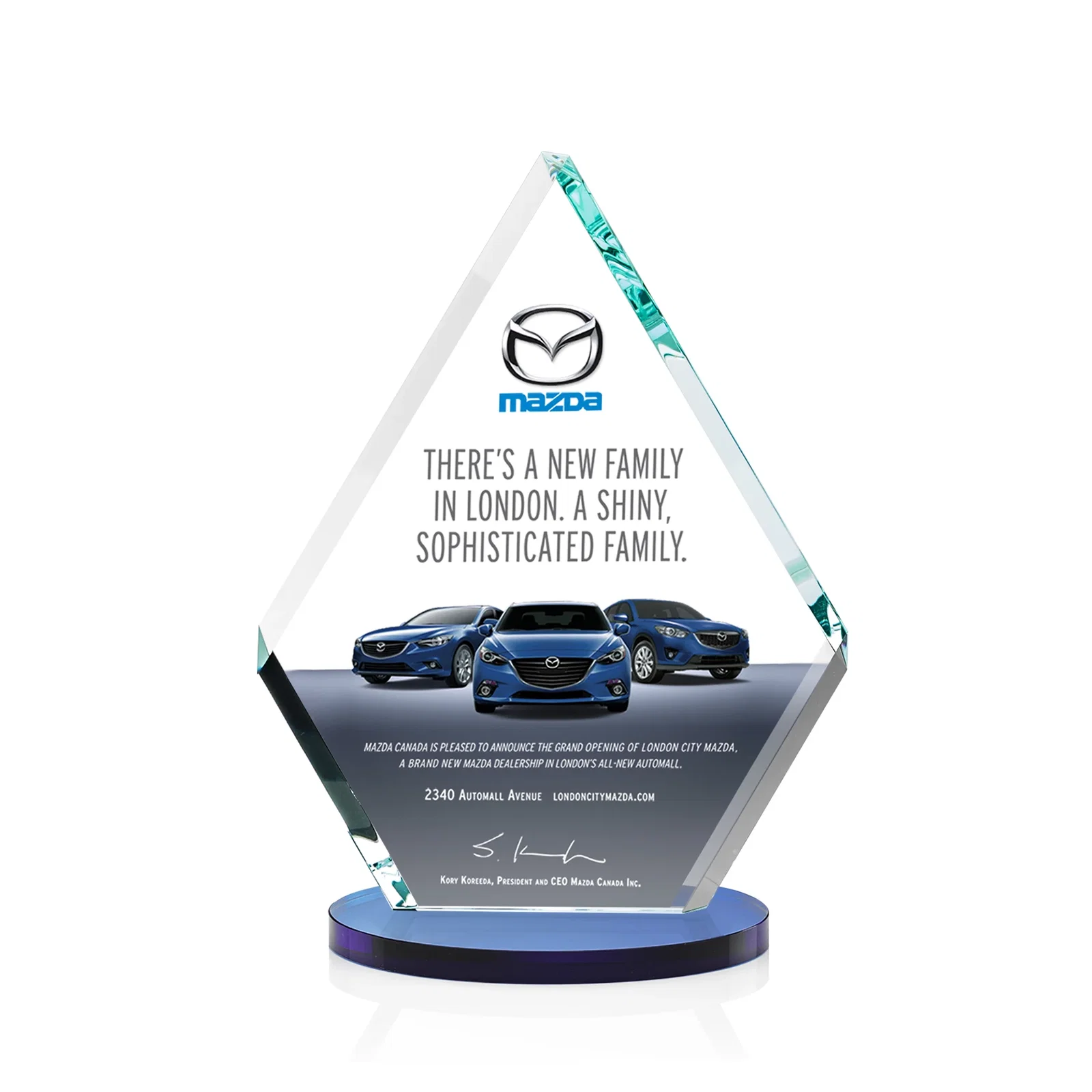 Custom printed Starfire Crystal Diamond Award on a Clear or Rosewood Base for corporate award ceremonies
