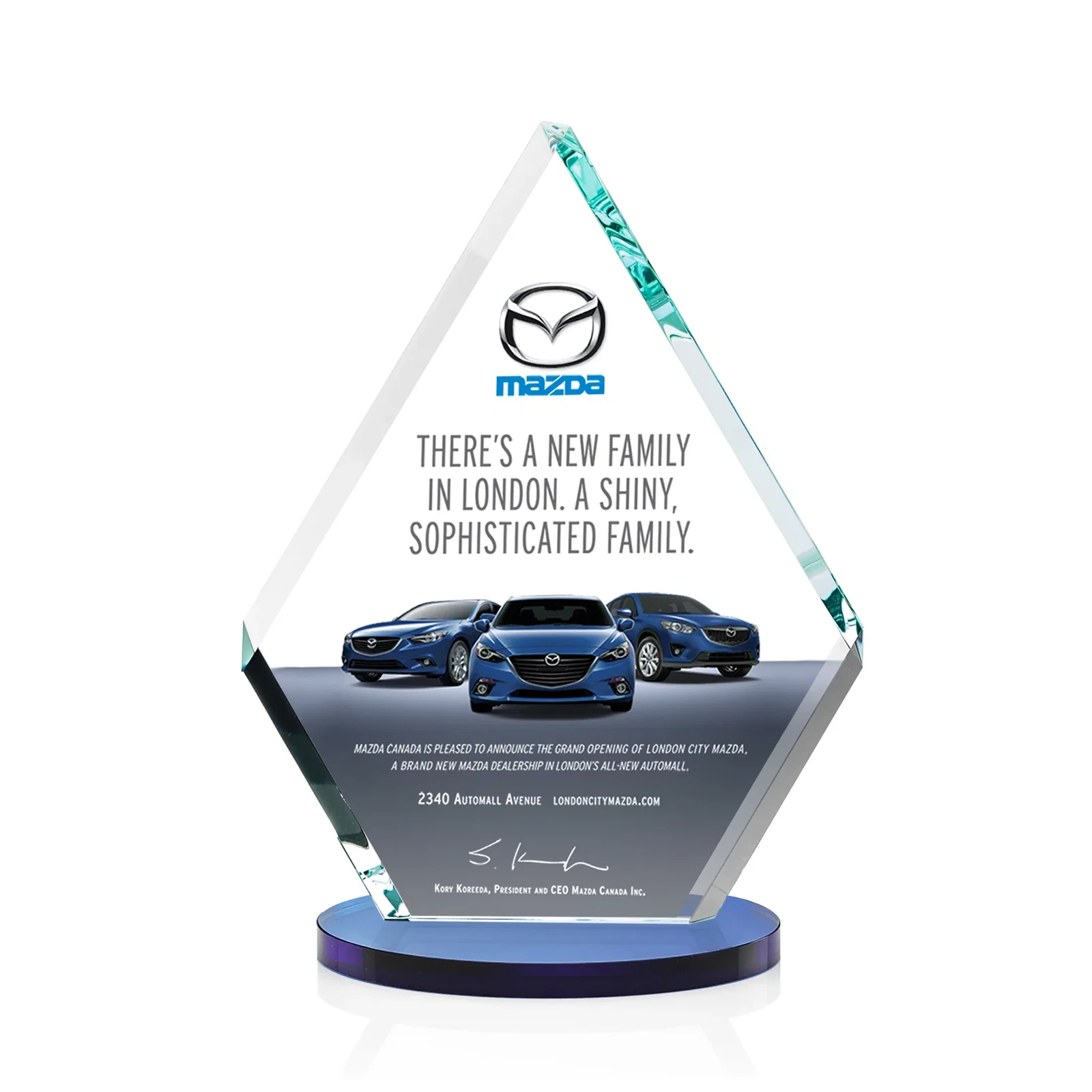 Custom printed Starfire Crystal Diamond Award on a Clear or Rosewood Base for service anniversary gifts