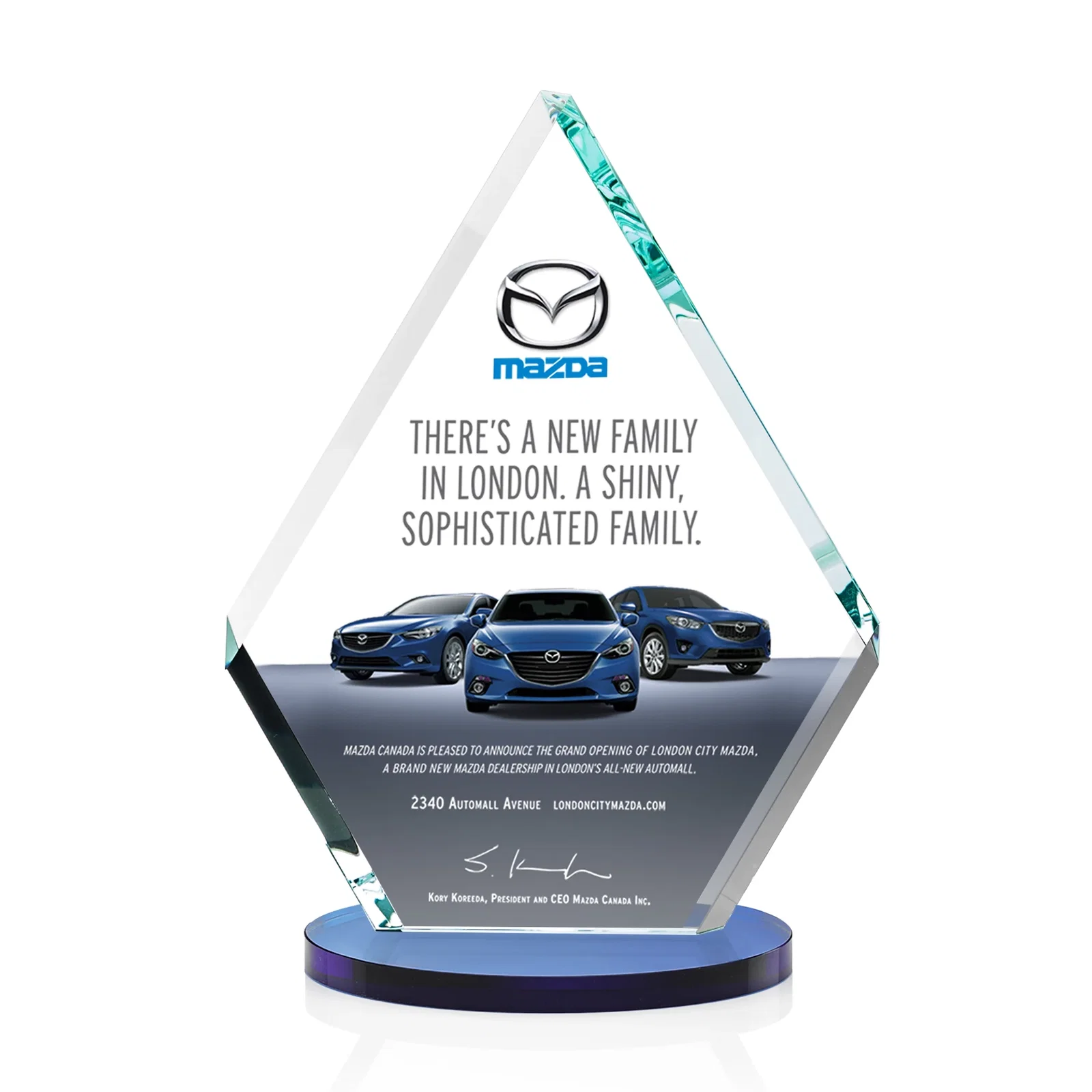 Custom printed Starfire Crystal Diamond Award on a Clear or Rosewood Base for sales achievement awards